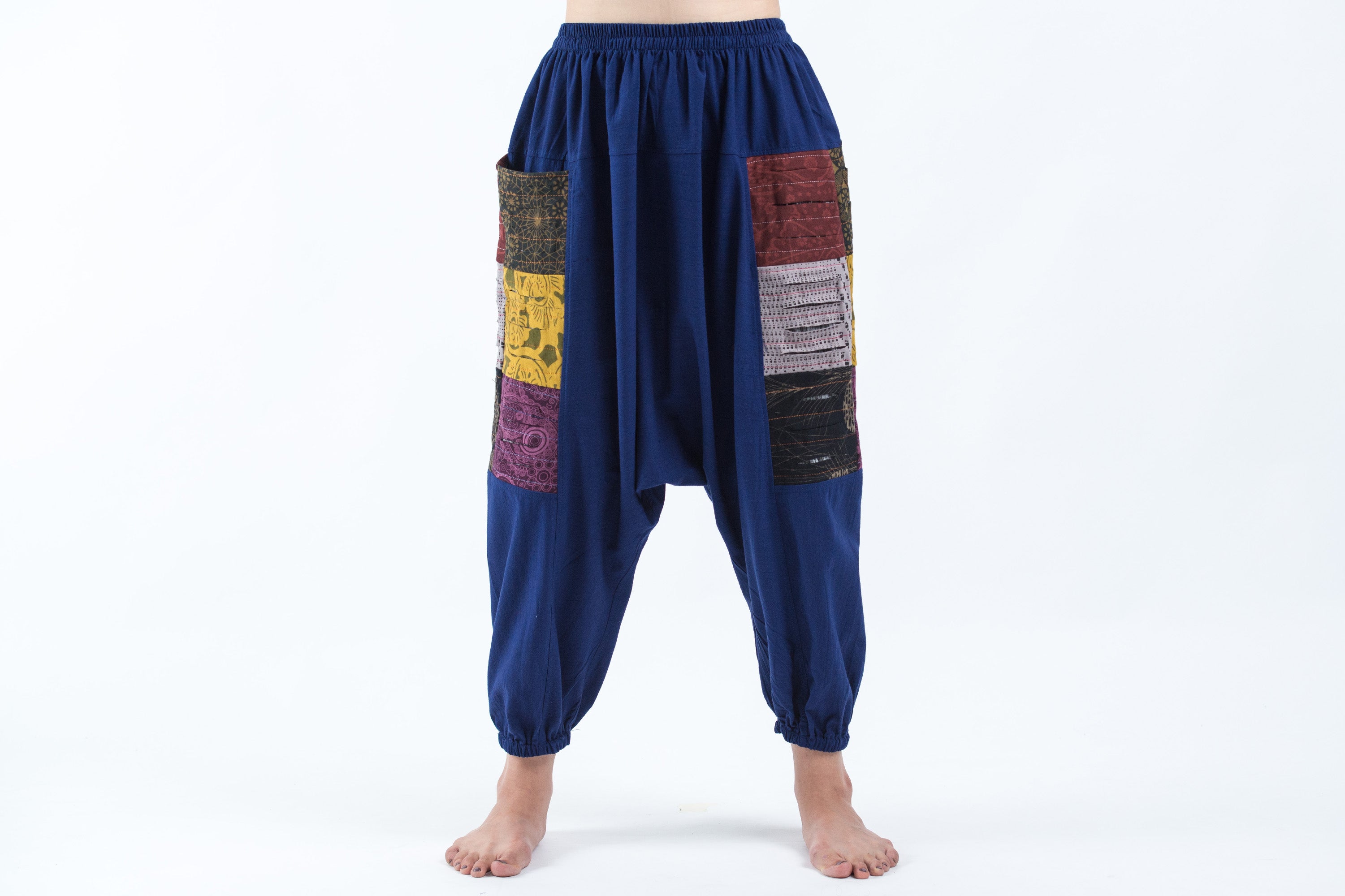 Ripped Patchwork Cotton Women's Harem Pants In Navy