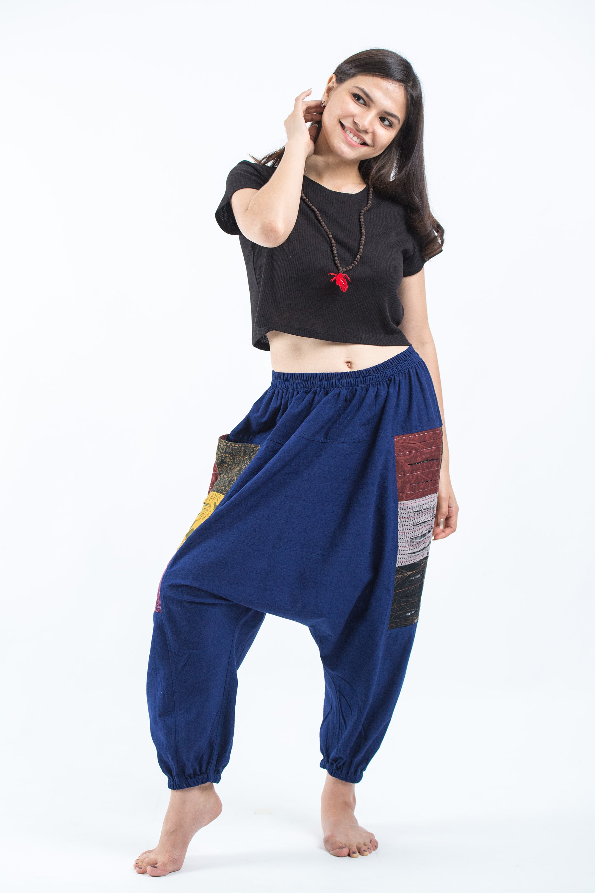Ripped Patchwork Cotton Women's Harem Pants In Navy