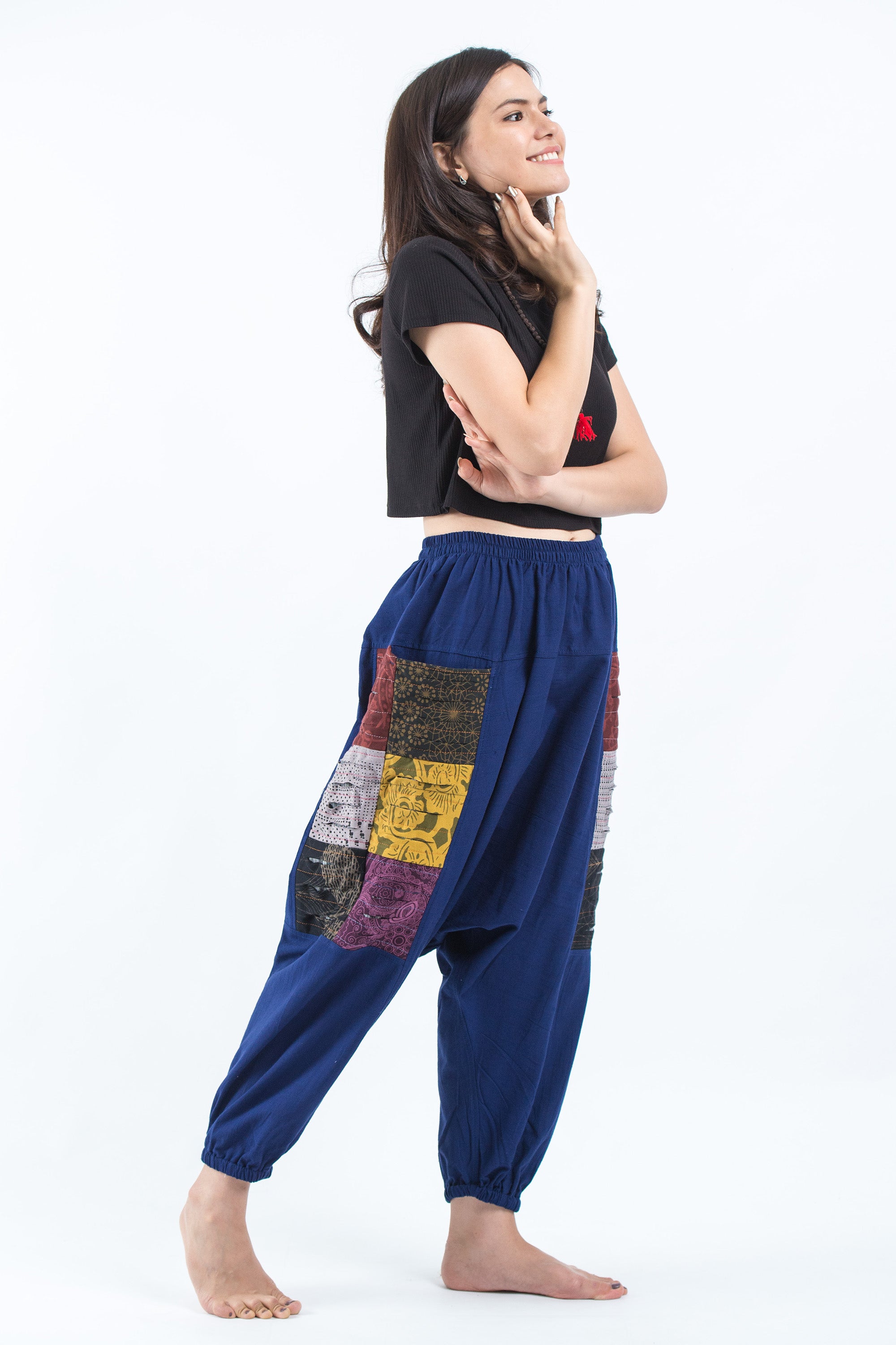 Ripped Patchwork Cotton Women's Harem Pants In Navy