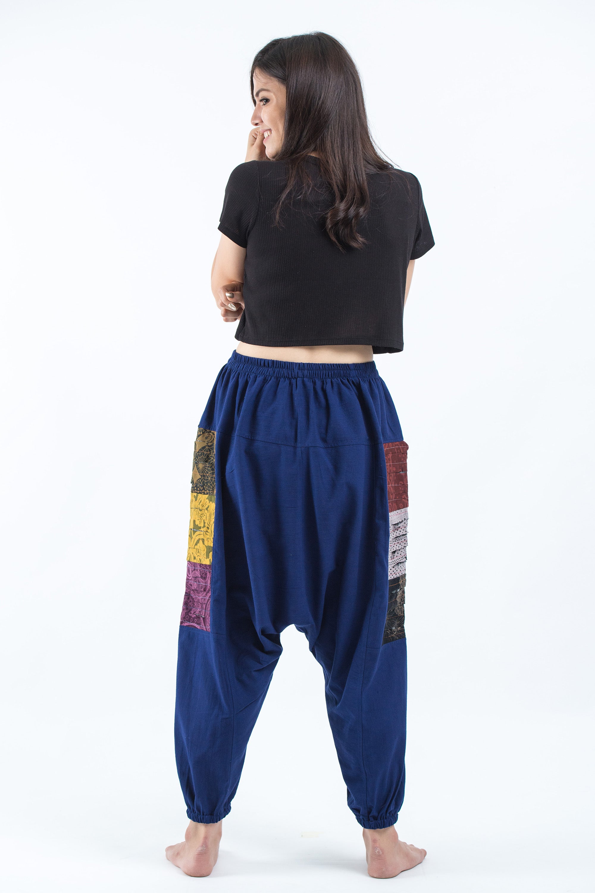 Ripped Patchwork Cotton Women's Harem Pants In Navy