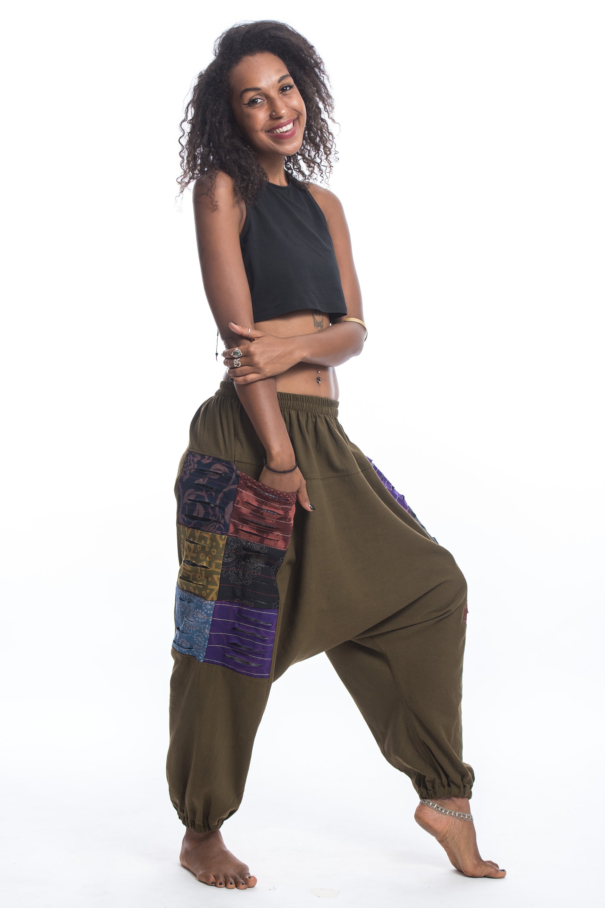Ripped Patchwork Cotton Women's Harem Pants In Olive