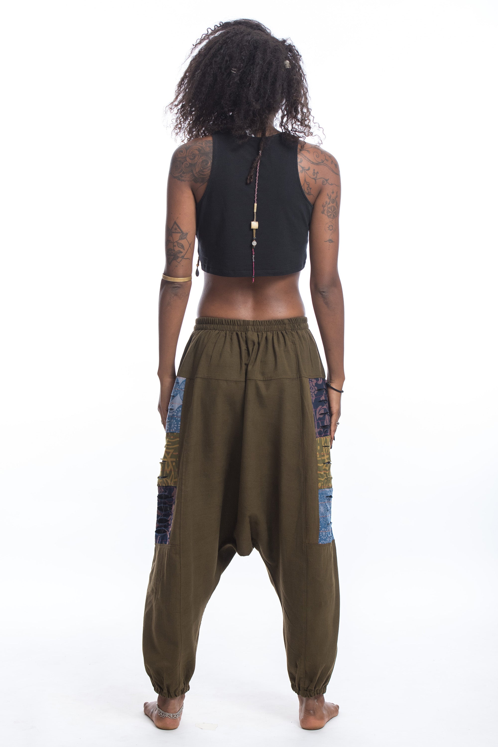 Ripped Patchwork Cotton Women's Harem Pants In Olive