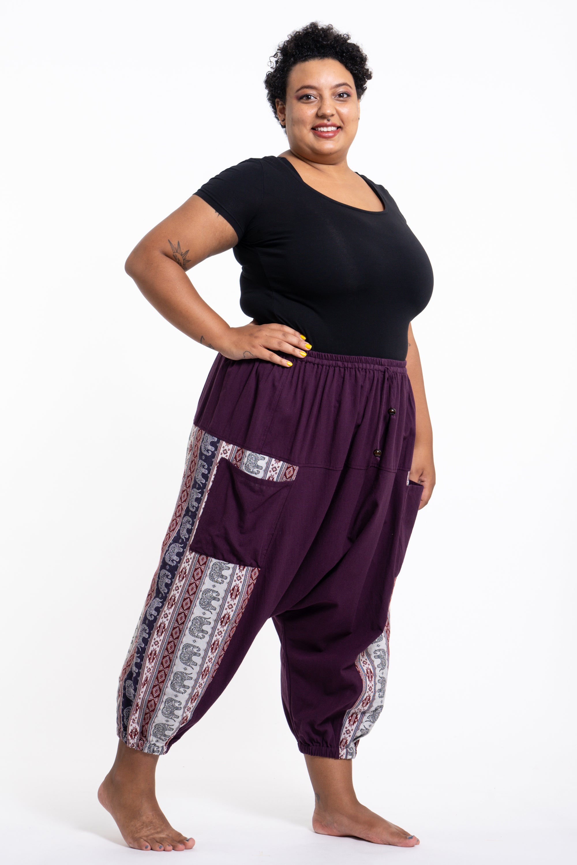 Plus Size Elephant Aztec Cotton Women's Harem Pants in Purple