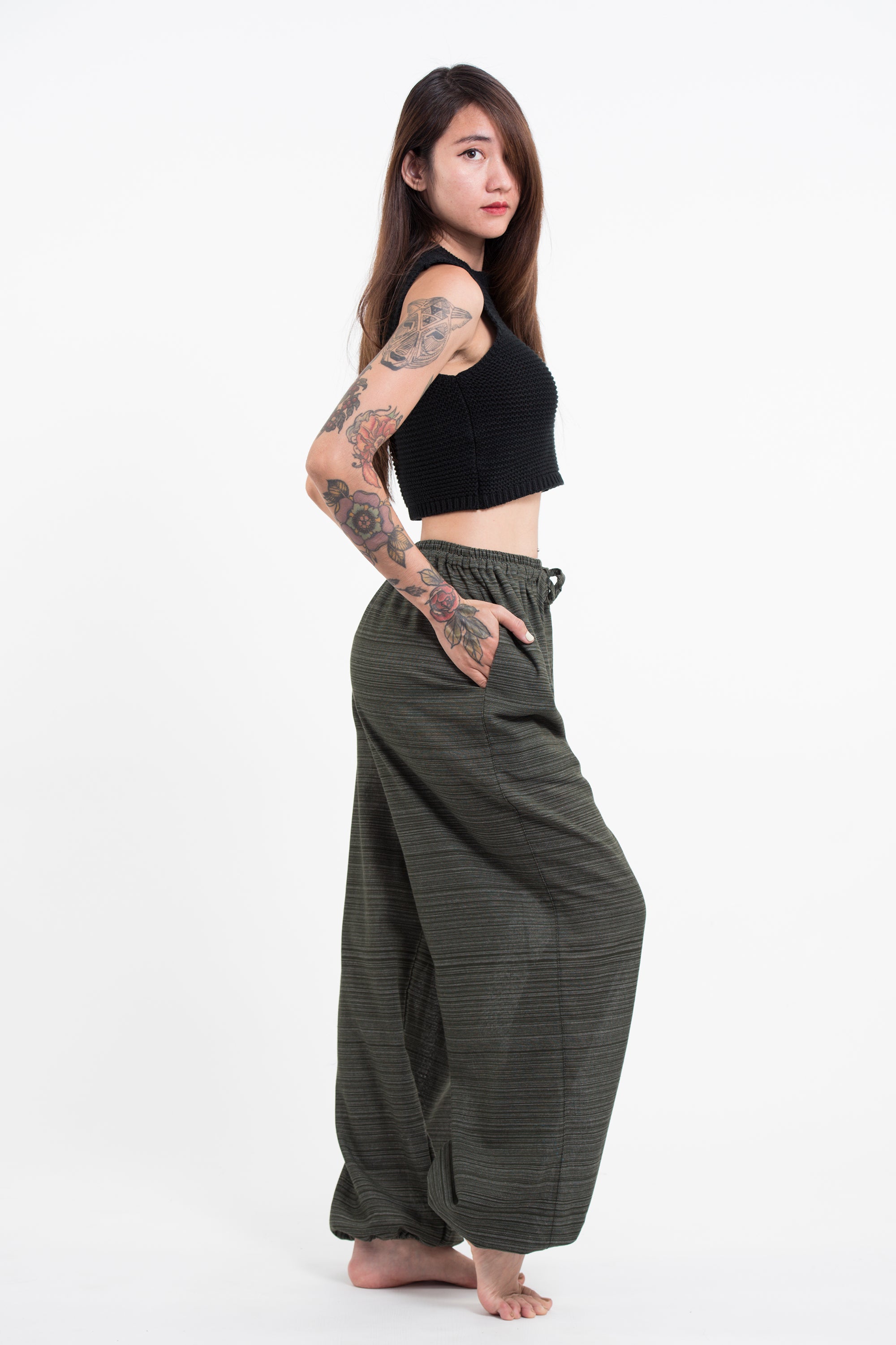 Drawstring Pinstripe Women's Pants in Green