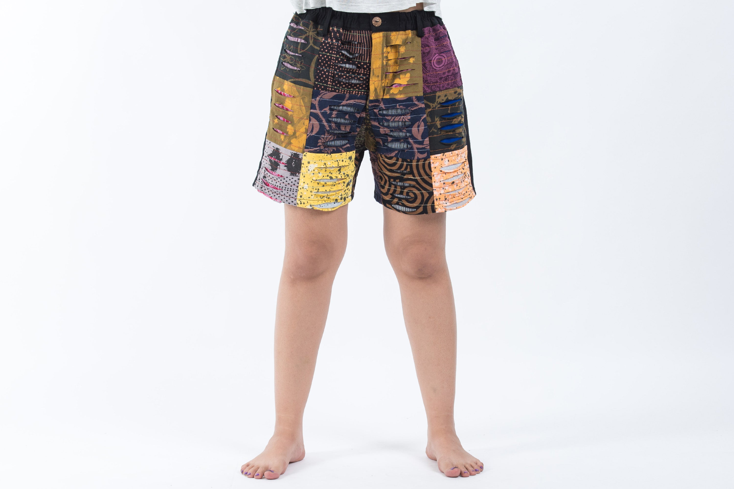 Ripped Patchwork Cotton Shorts In Black