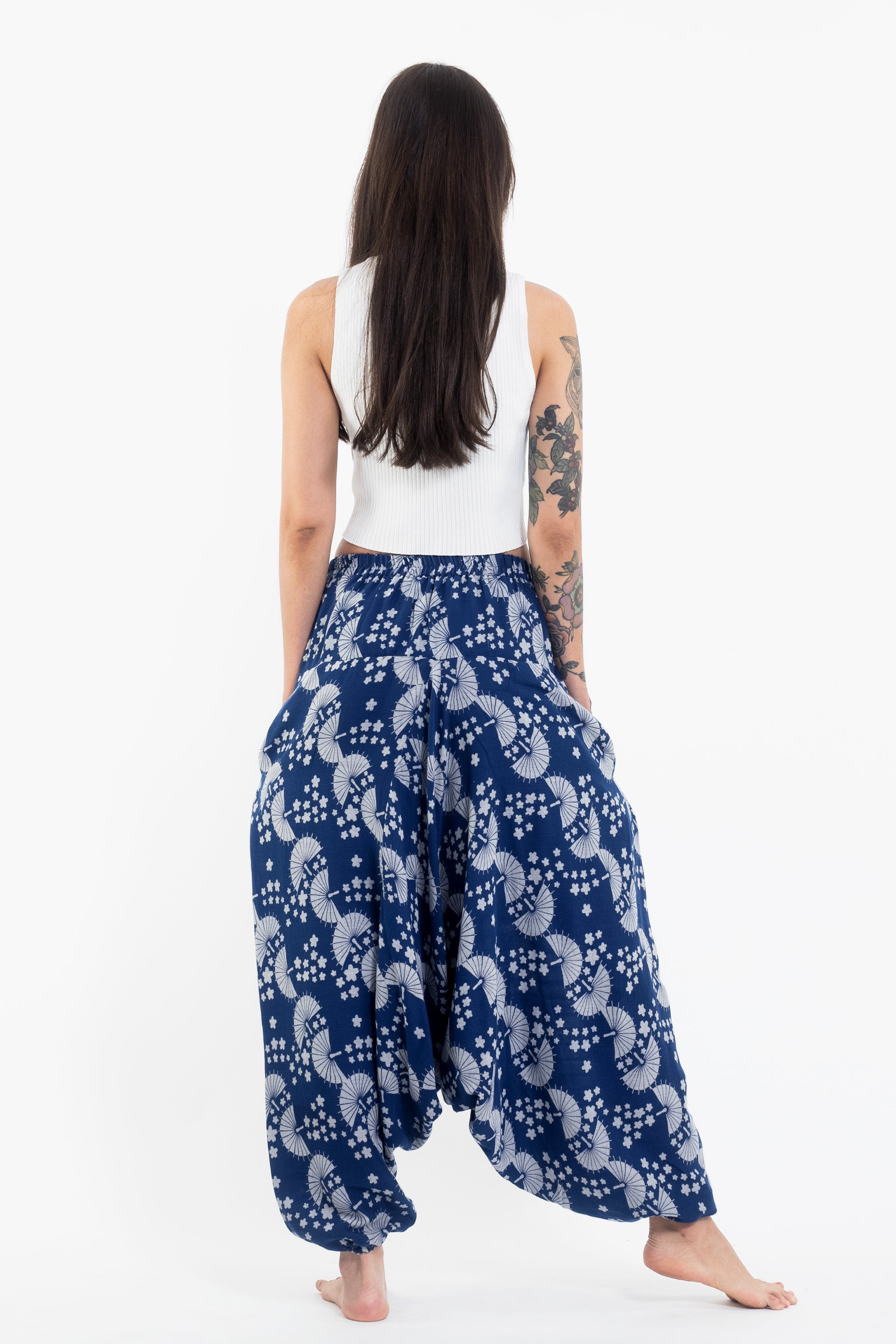 Fan Prints Women's Low Cut Cotton Harem Pants in Indigo