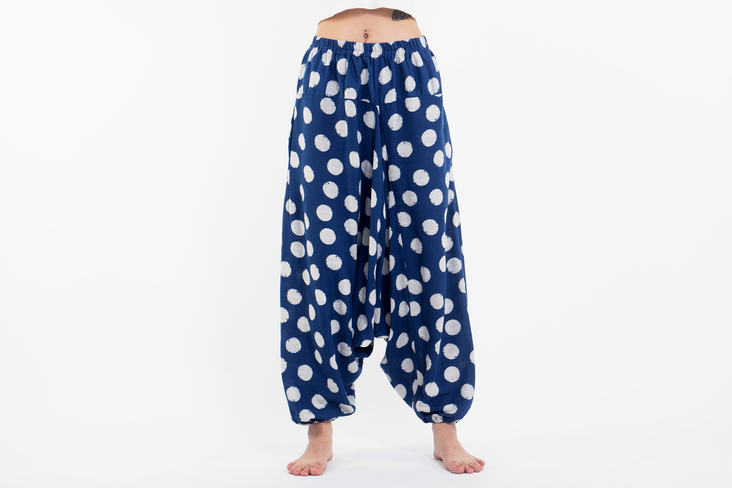 Polkadot Prints Women's Low Cut Cotton Harem Pants in Indigo