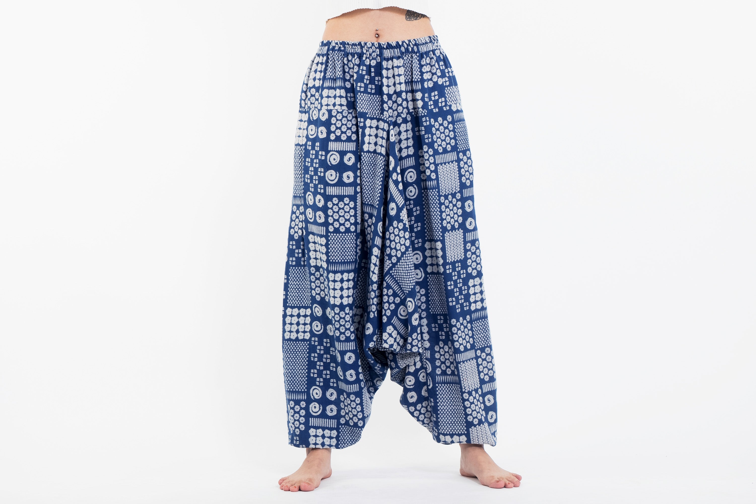 Patchwork Prints Women's Low Cut Cotton Harem Pants in Indigo