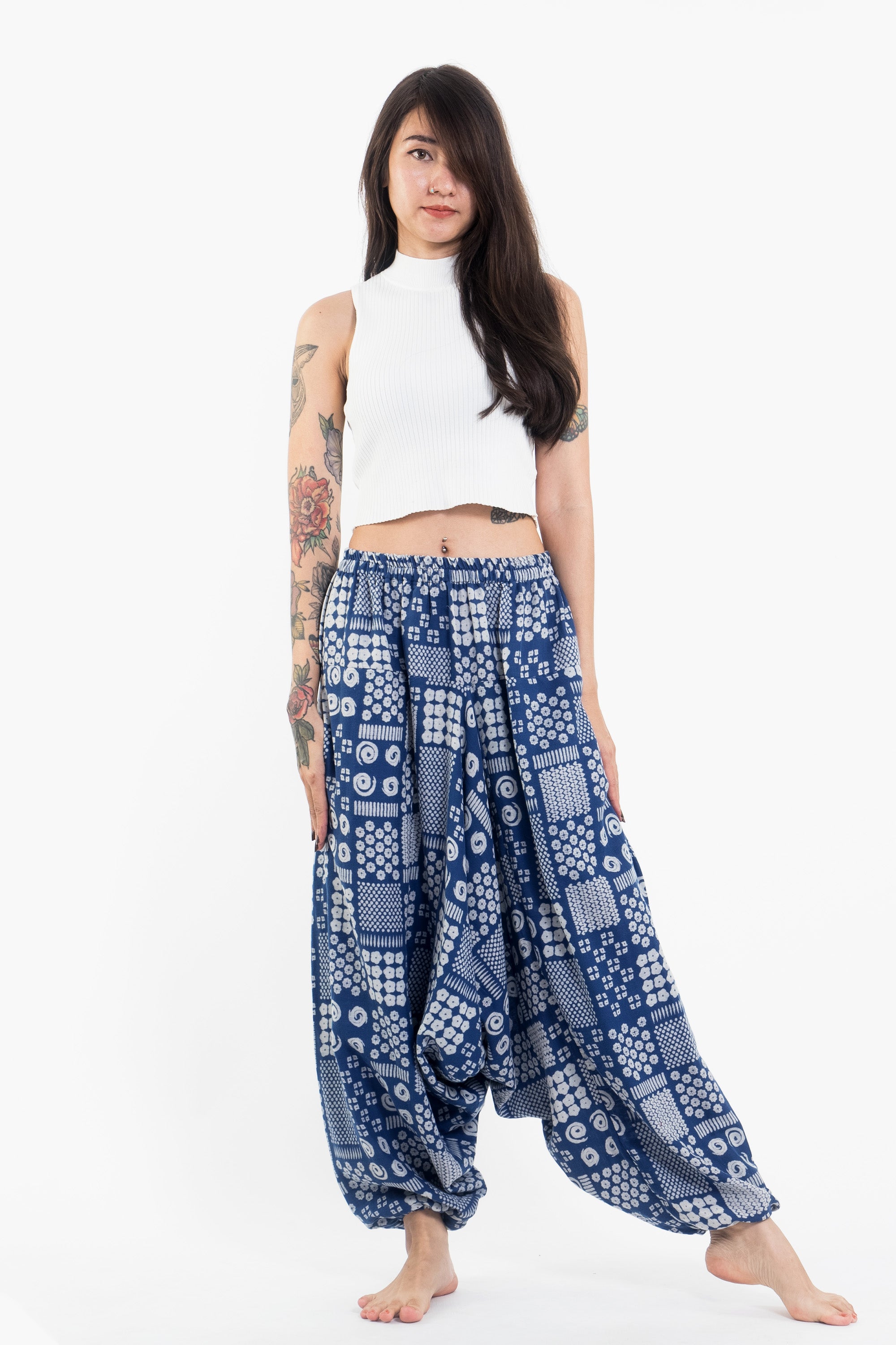 Patchwork Prints Women's Low Cut Cotton Harem Pants in Indigo