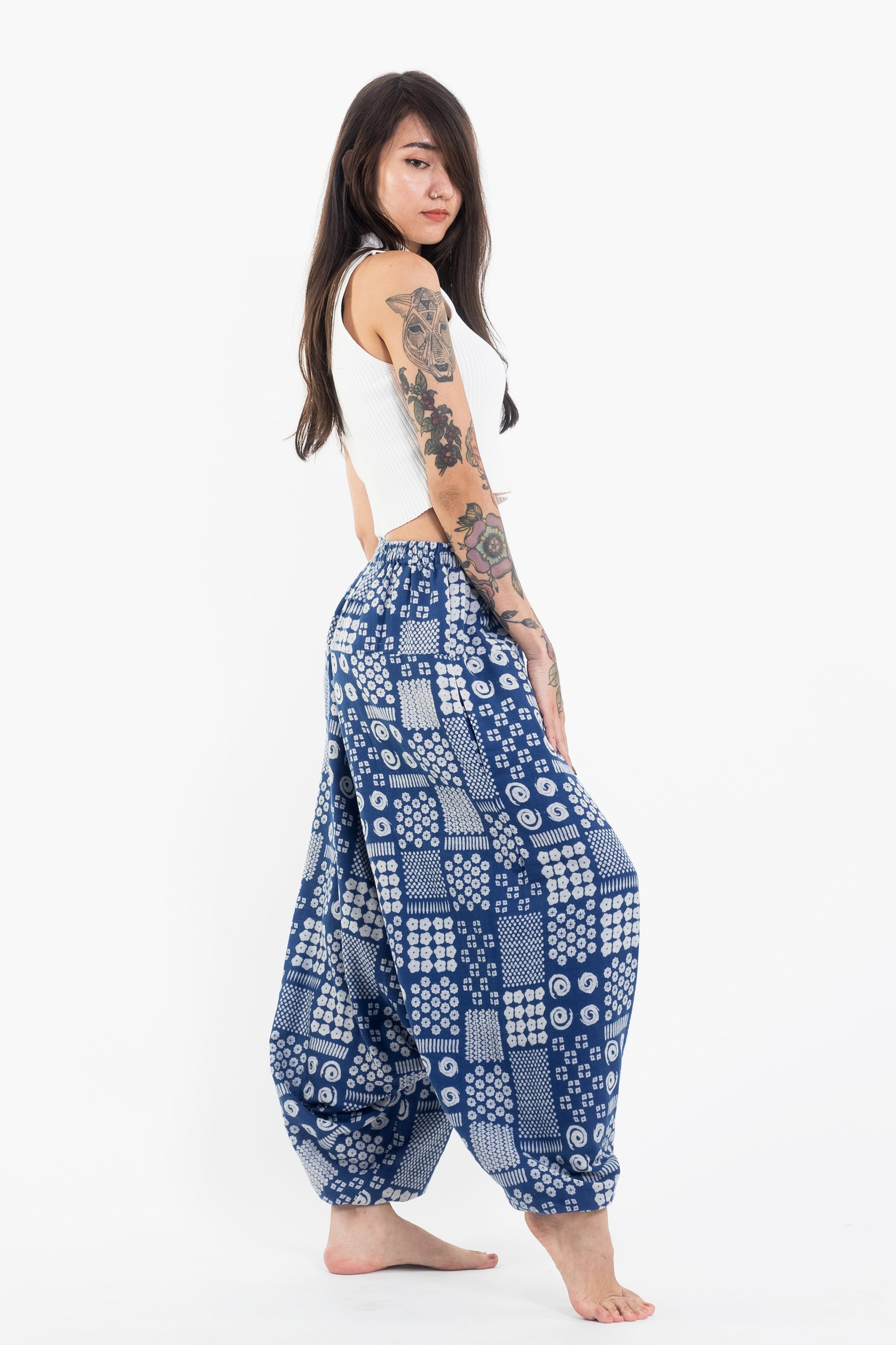 Patchwork Prints Women's Low Cut Cotton Harem Pants in Indigo
