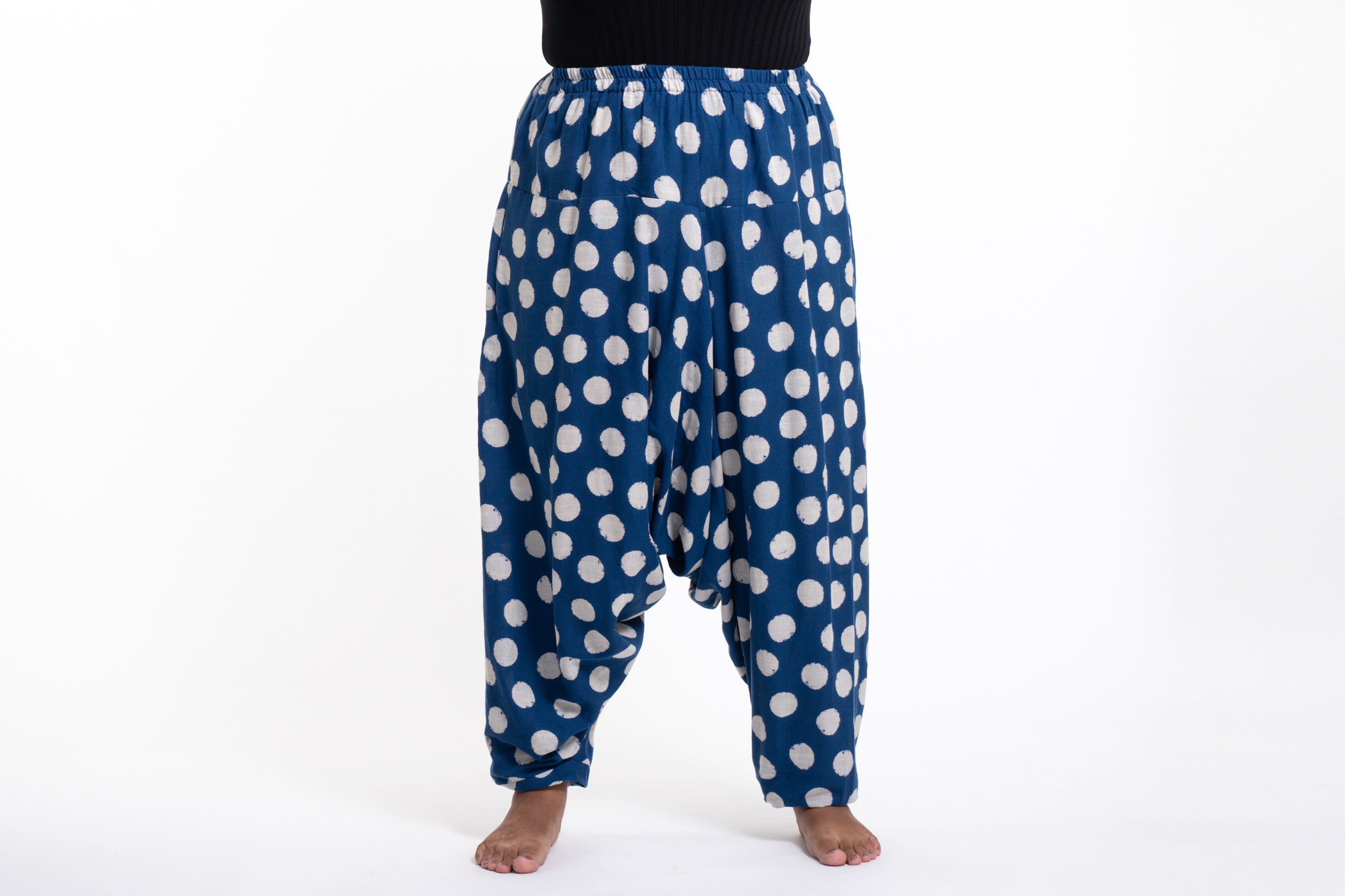 Plus Size Polkadot Prints Women's Low Cut Cotton Harem Pants in Indigo