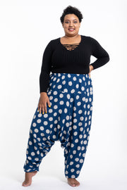 Plus Size Polkadot Prints Women's Low Cut Cotton Harem Pants in Indigo