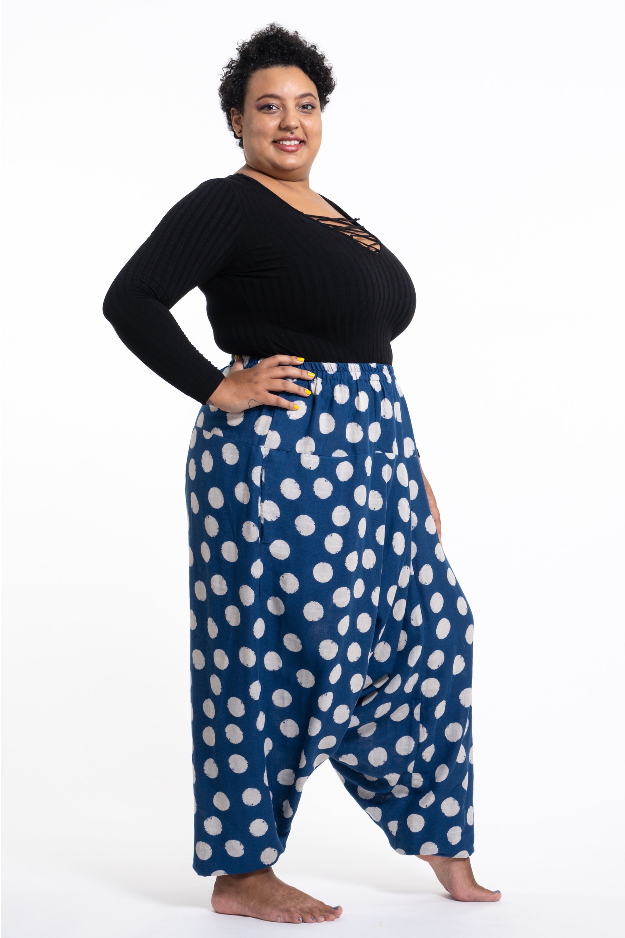 Plus Size Polkadot Prints Women's Low Cut Cotton Harem Pants in Indigo