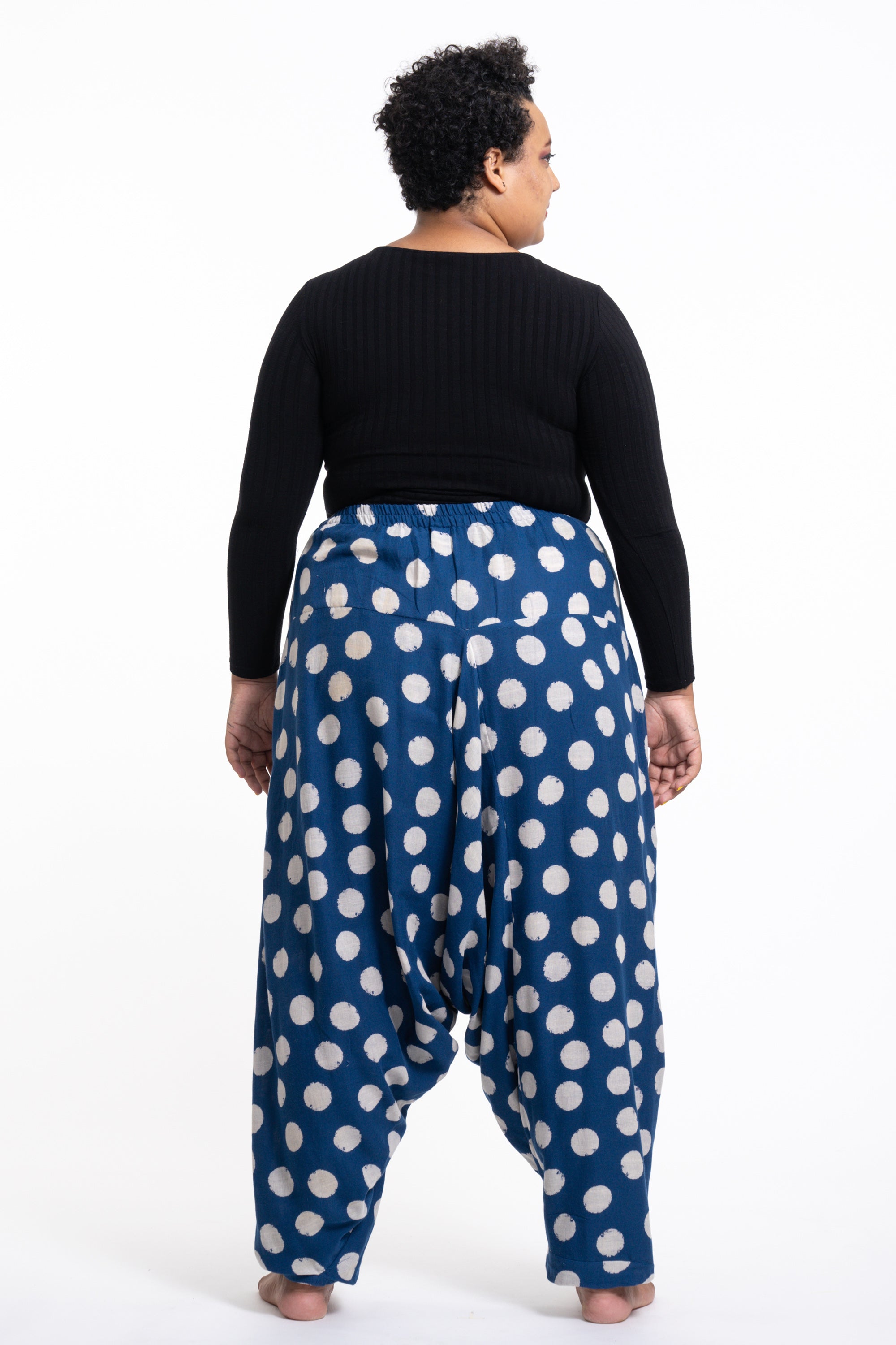 Plus Size Polkadot Prints Women's Low Cut Cotton Harem Pants in Indigo