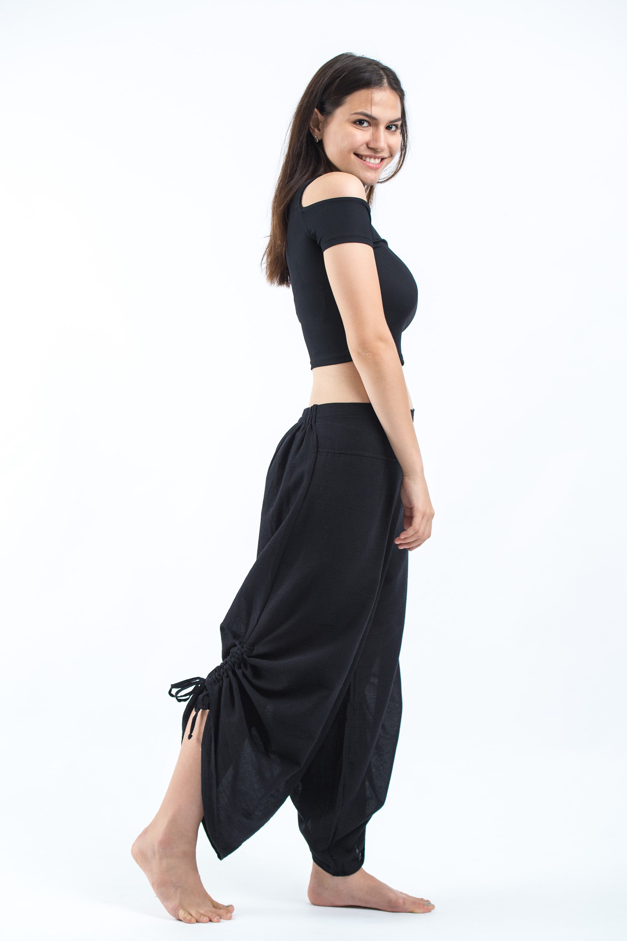 Women's Cotton Side Drawstring Palazzo Pants in Black