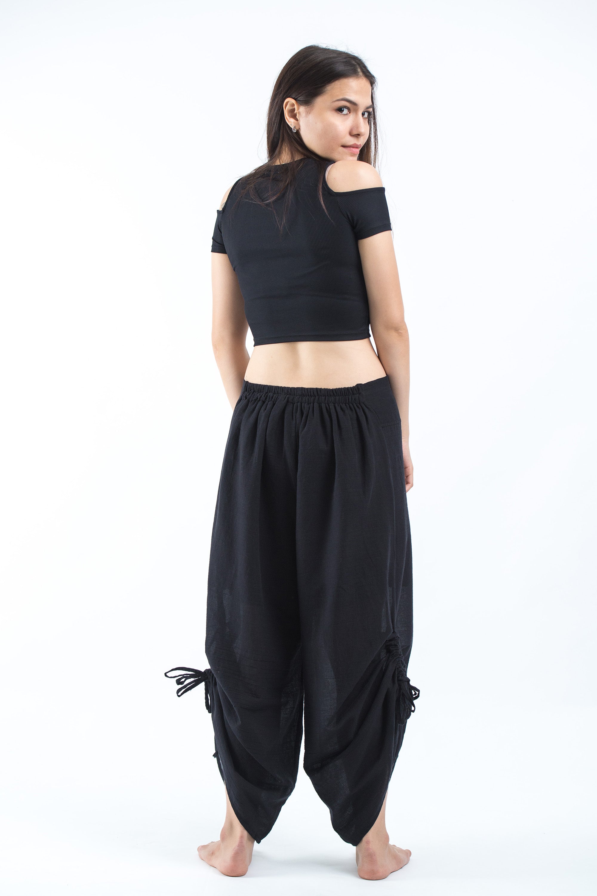 Women's Cotton Side Drawstring Palazzo Pants in Black