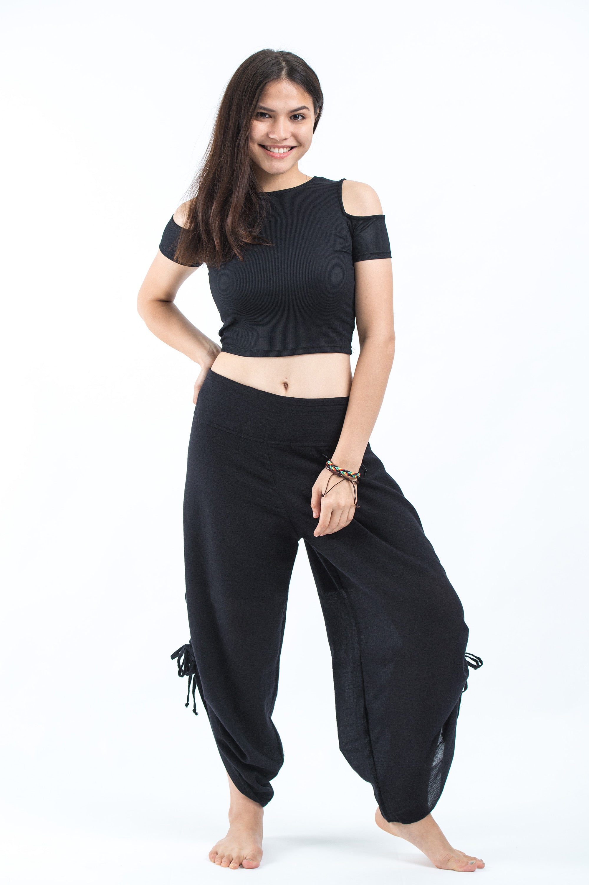 Women's Cotton Side Drawstring Palazzo Pants in Black