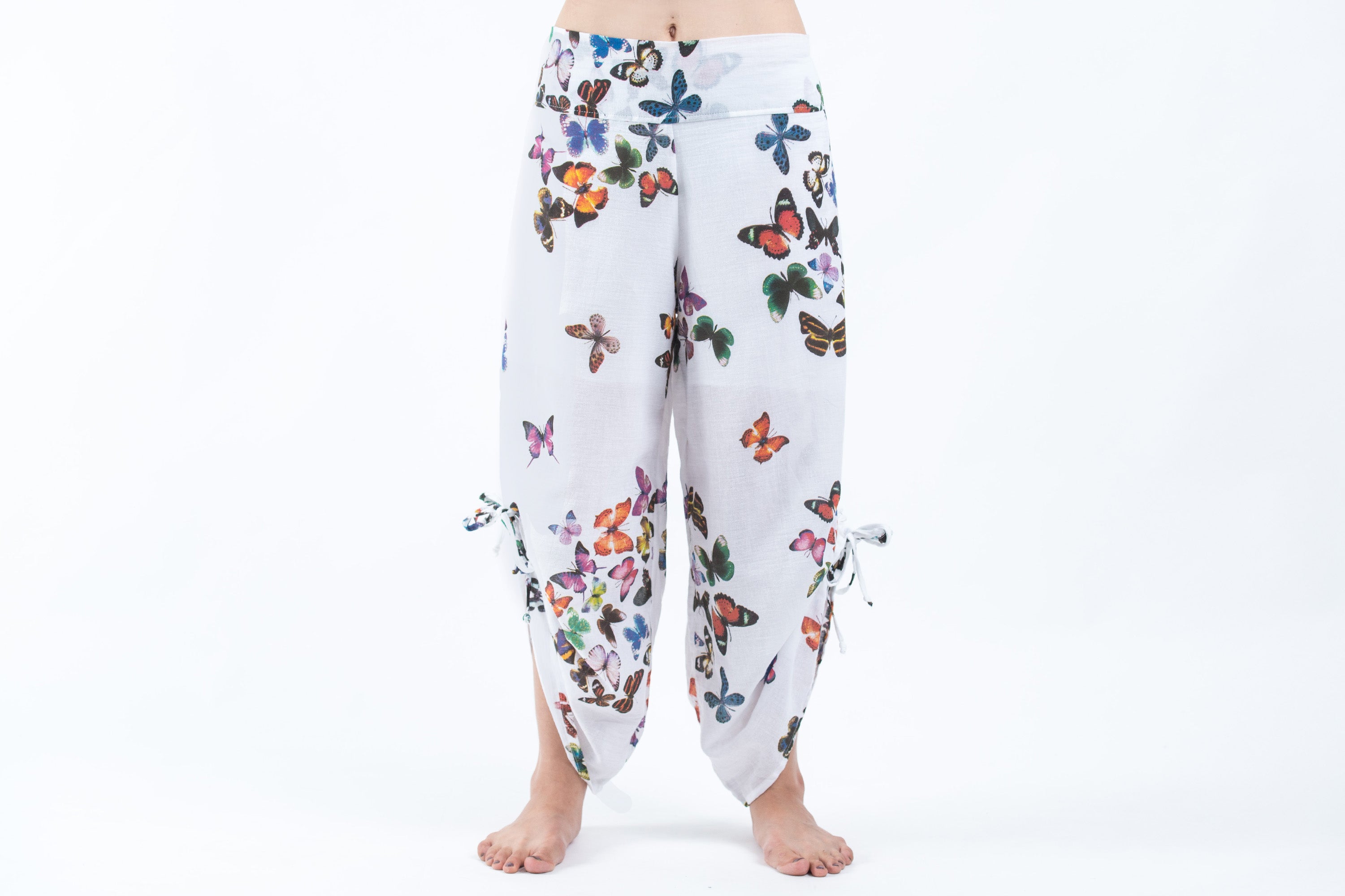 Women's Cotton Side Drawstring Palazzo Pants in Butterflies Pink