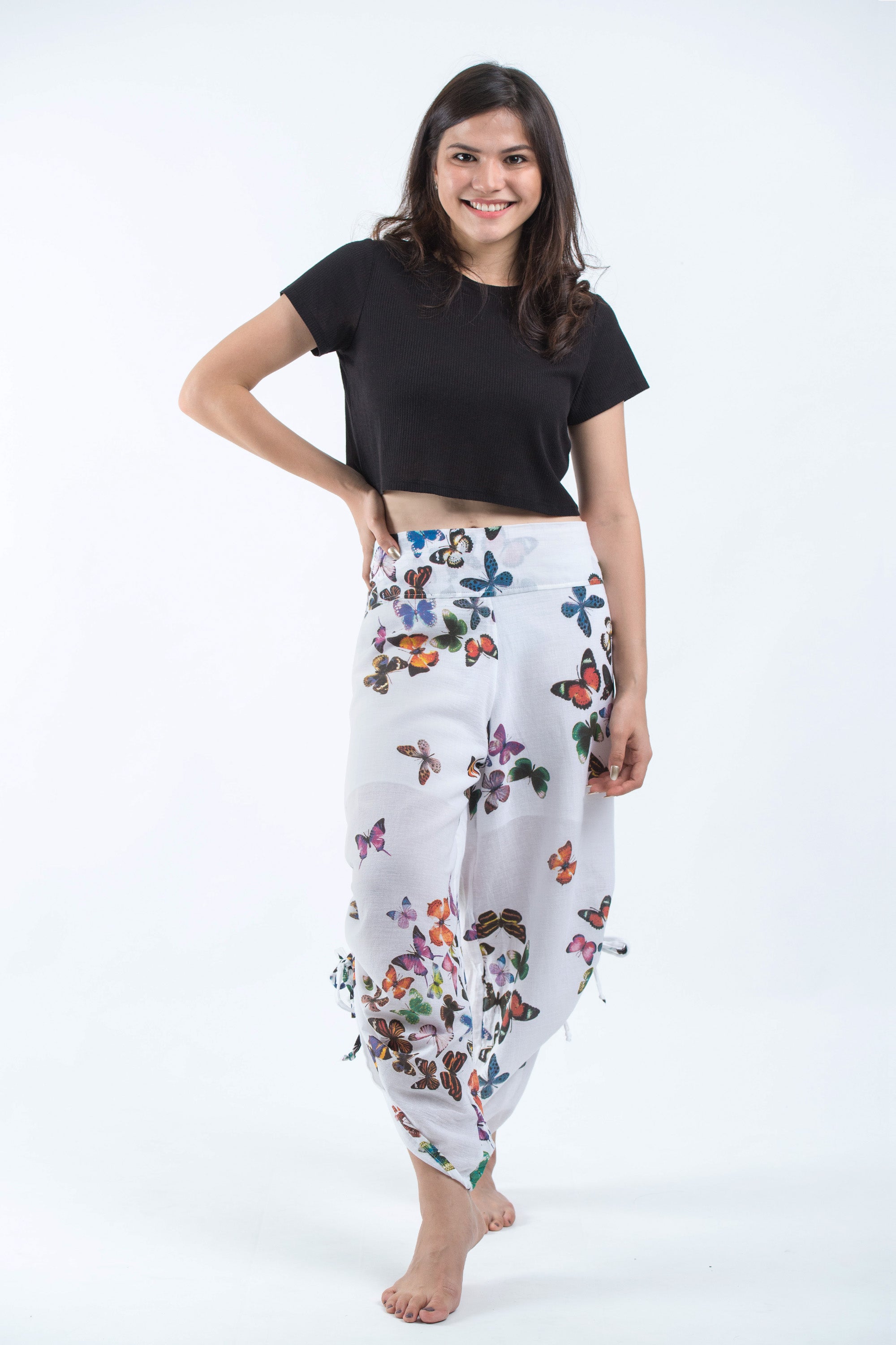 Women's Cotton Side Drawstring Palazzo Pants in Butterflies Pink