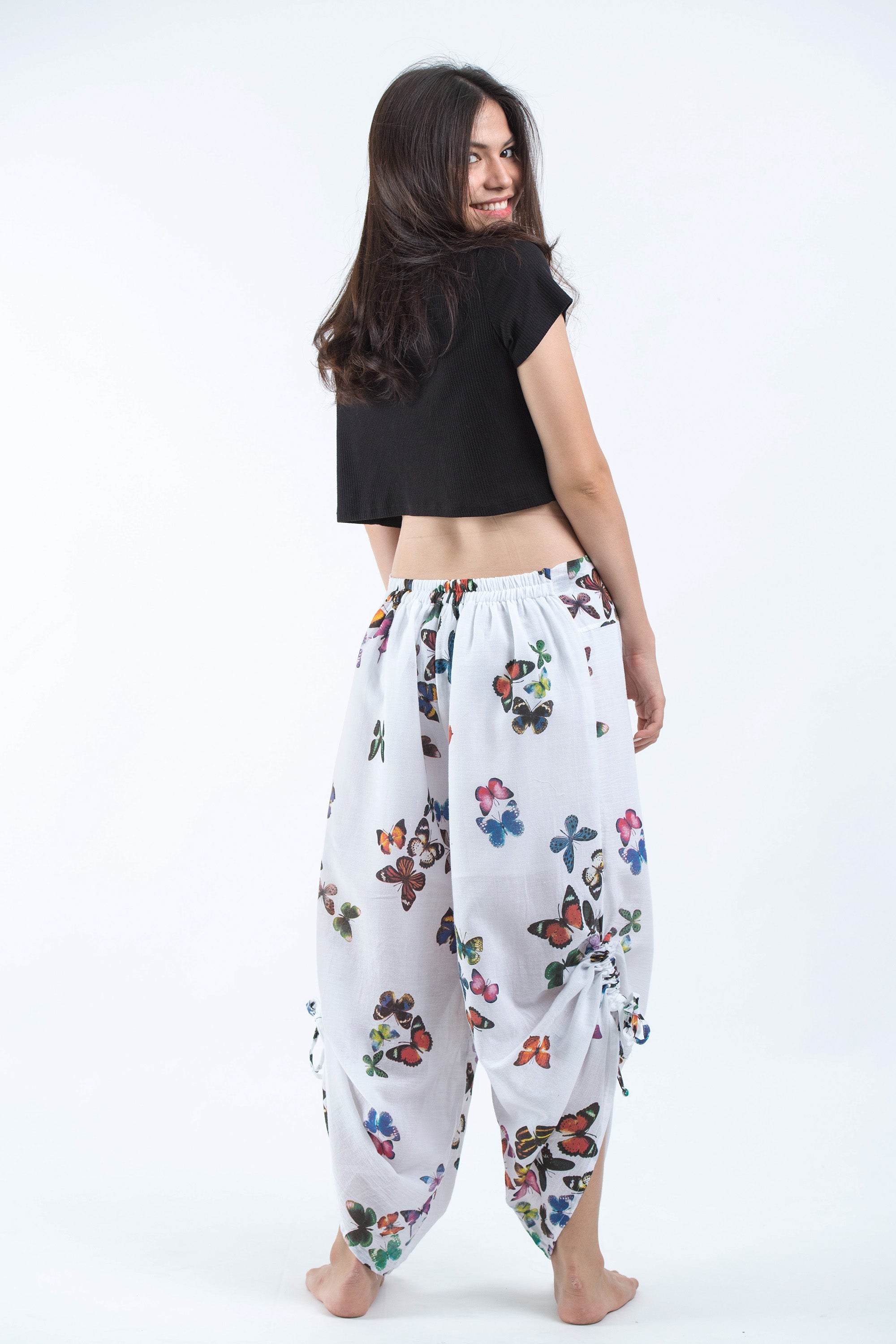 Women's Cotton Side Drawstring Palazzo Pants in Butterflies Pink