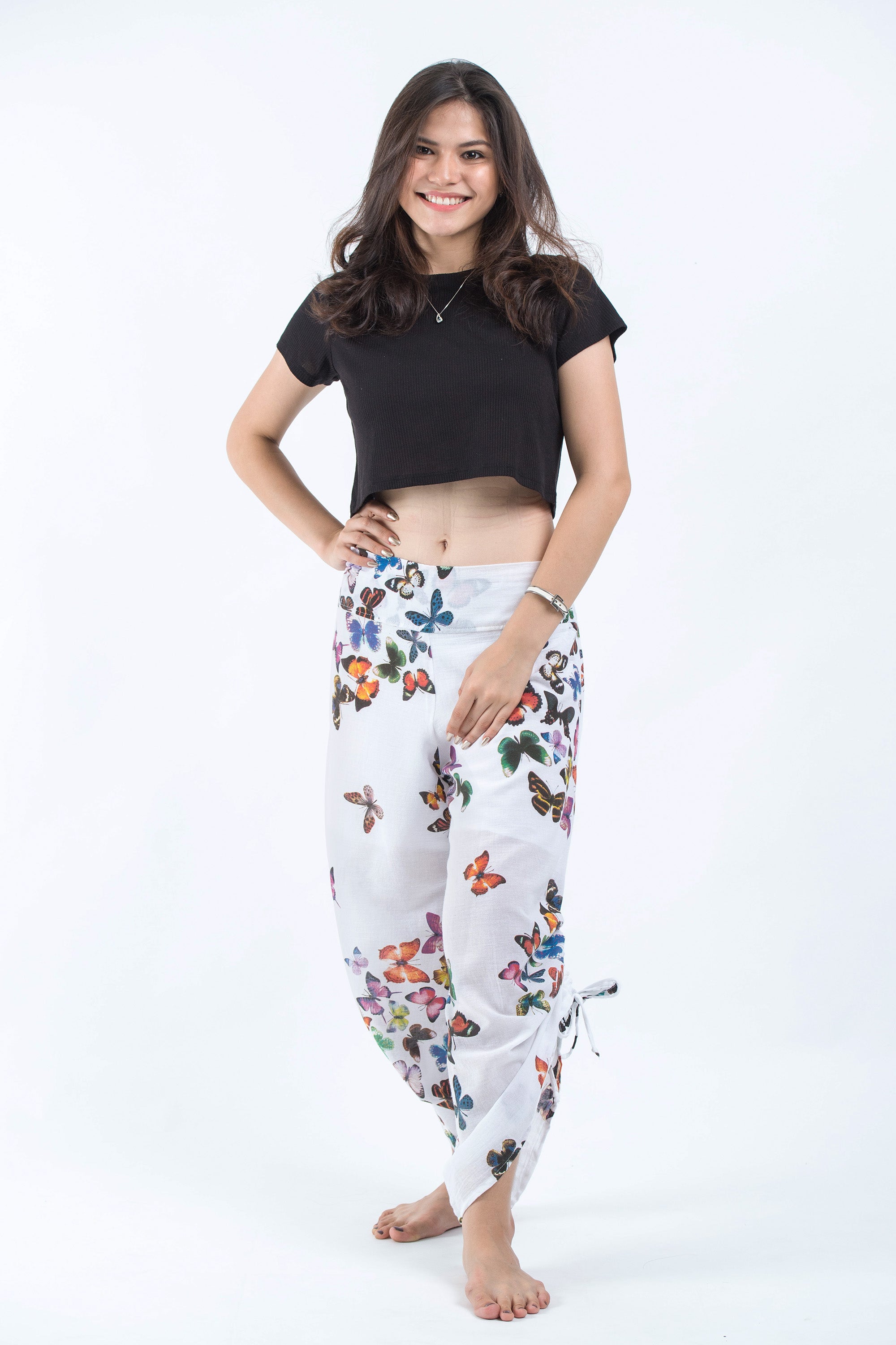 Women's Cotton Side Drawstring Palazzo Pants in Butterflies Pink