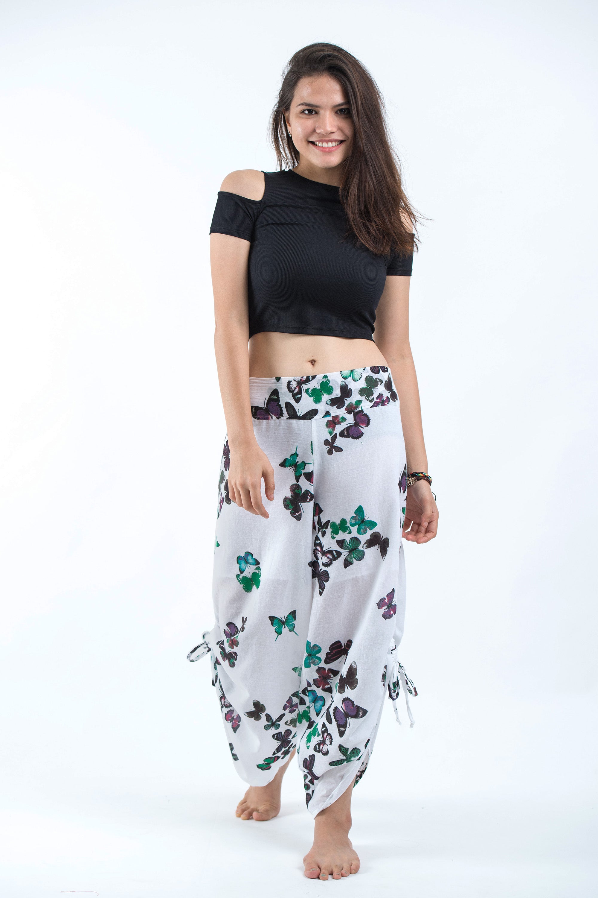 Women's Cotton Side Drawstring Palazzo Pants in Butterflies Turquoise