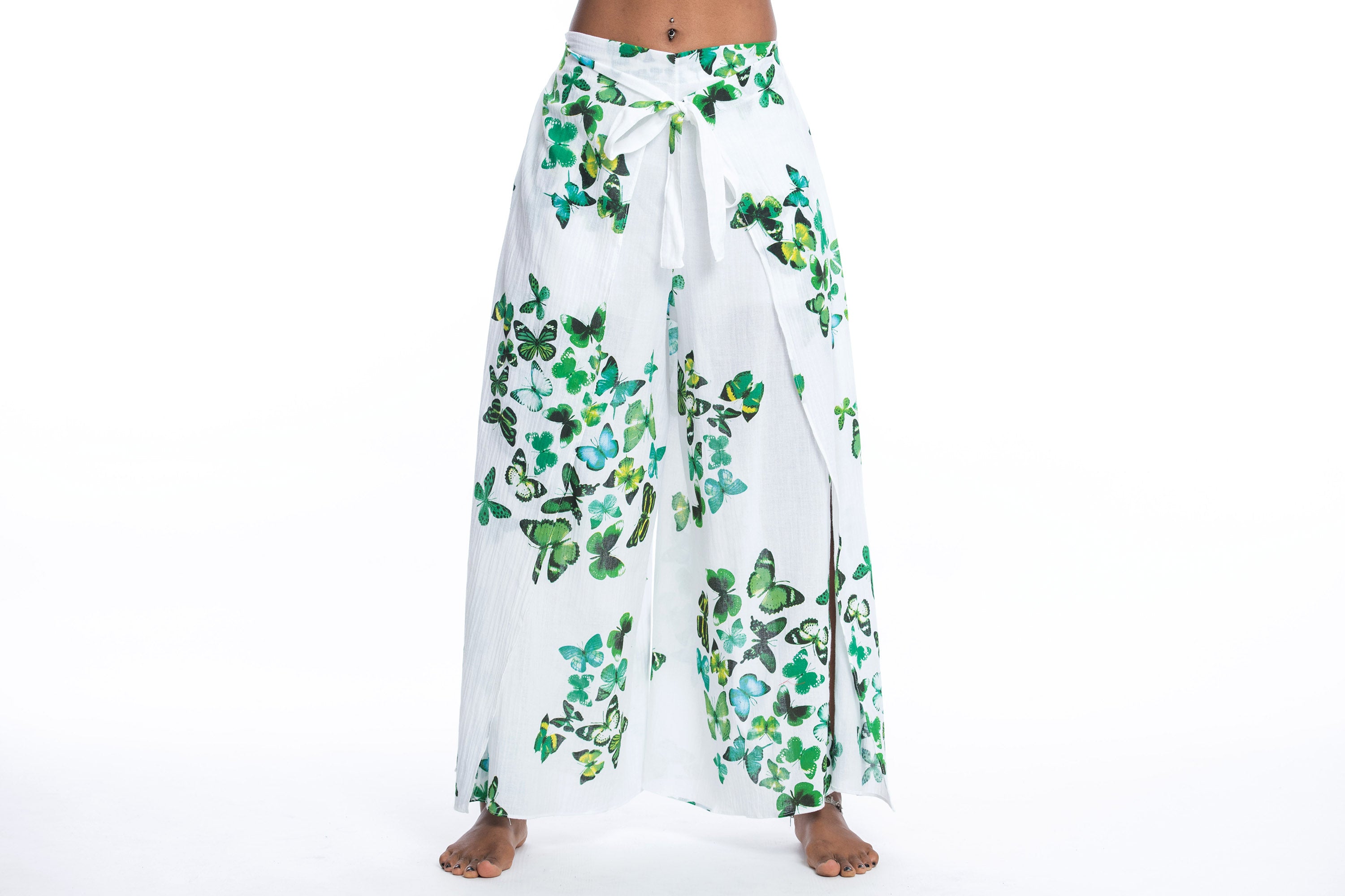 Women's Cotton Wrap Palazzo Pants in Butterflies Green