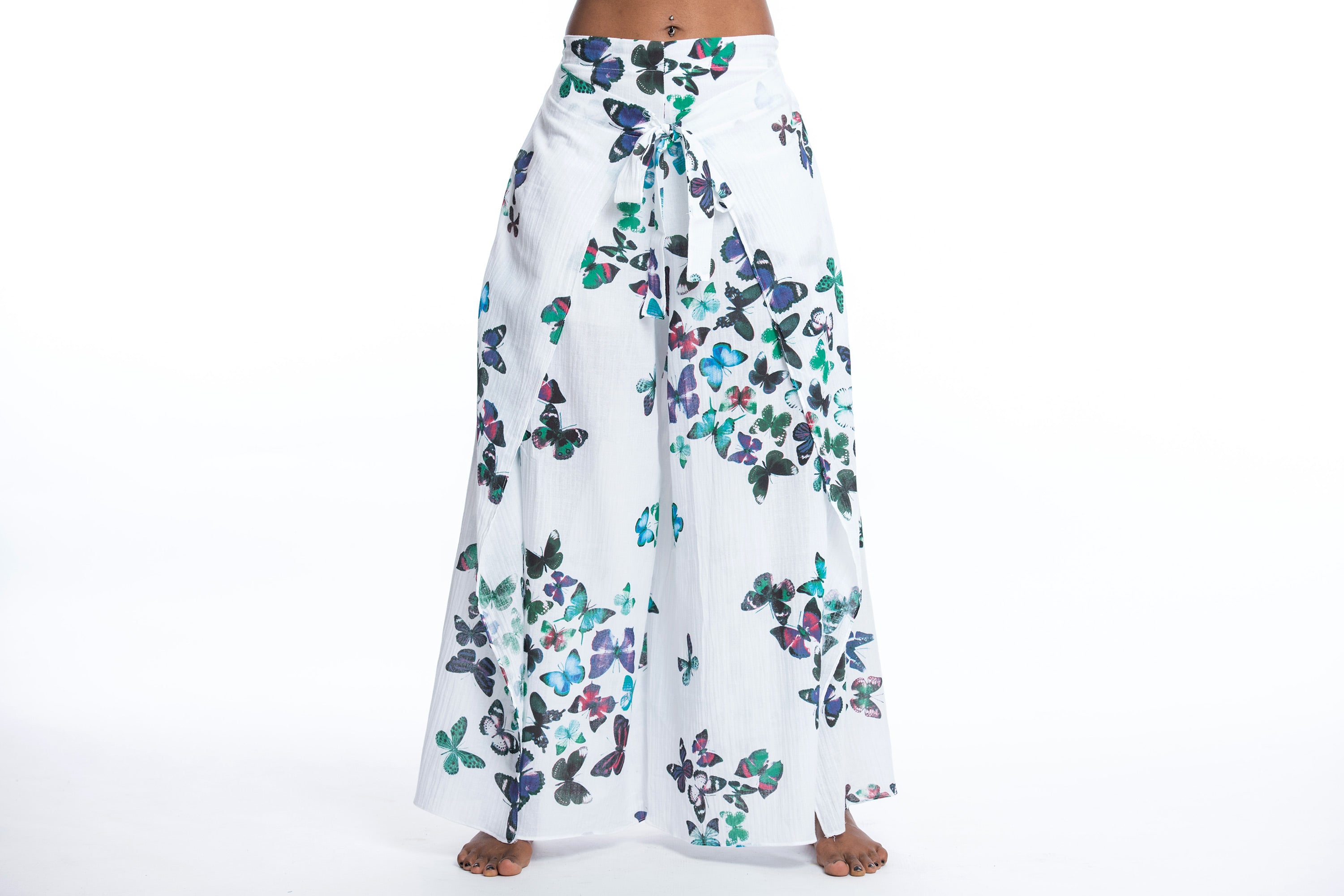 Women's Cotton Wrap Palazzo Pants in Butterflies Turquoise