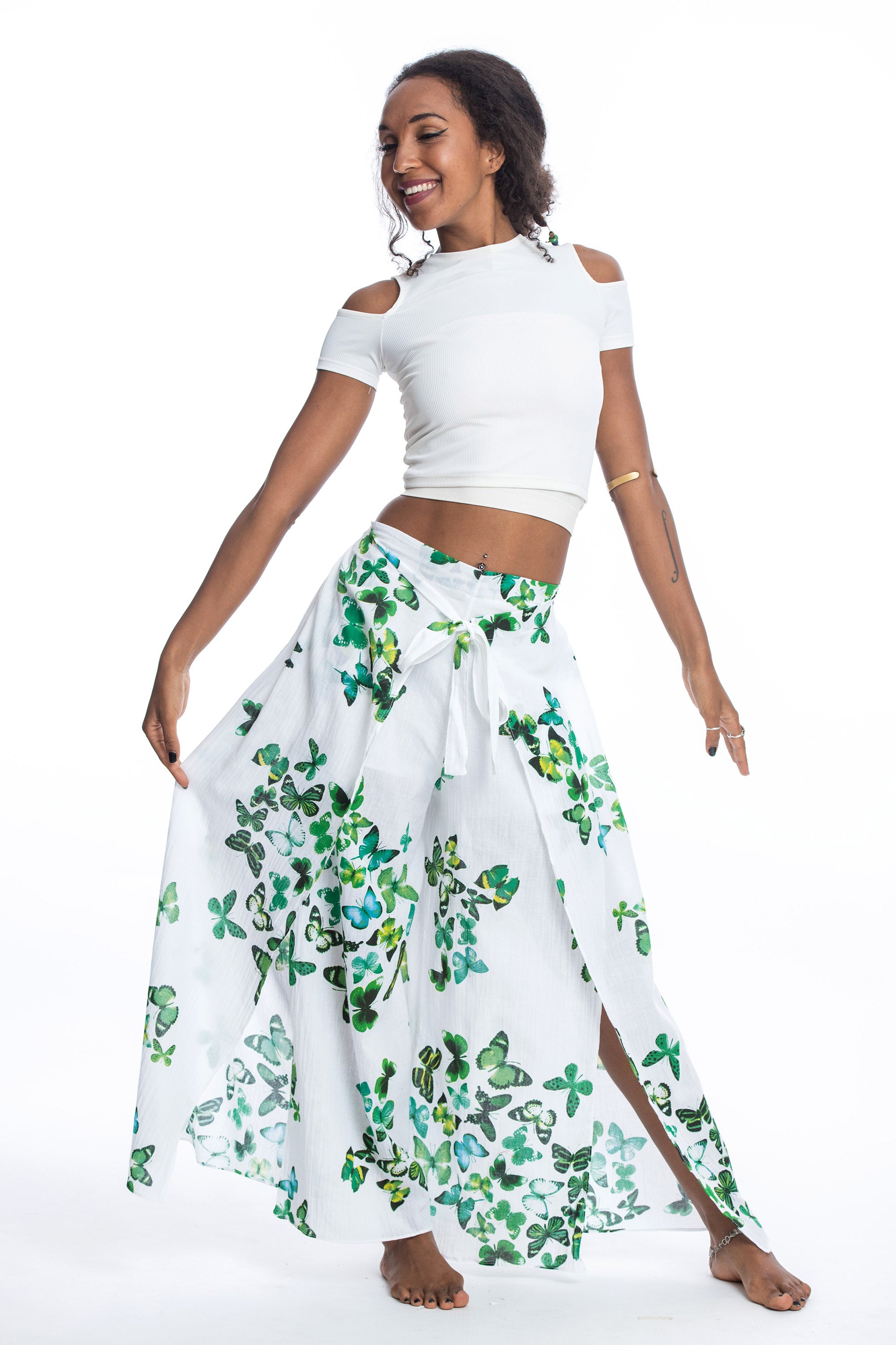 Women's Cotton Wrap Palazzo Pants in Butterflies Green