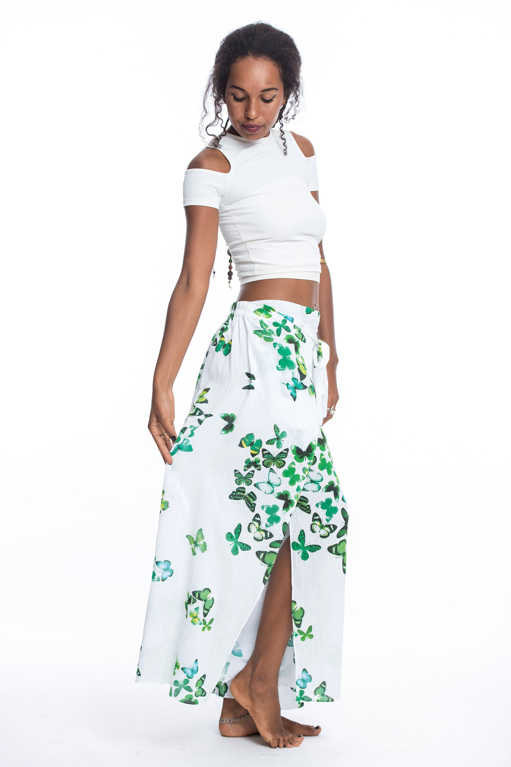 Women's Cotton Wrap Palazzo Pants in Butterflies Green