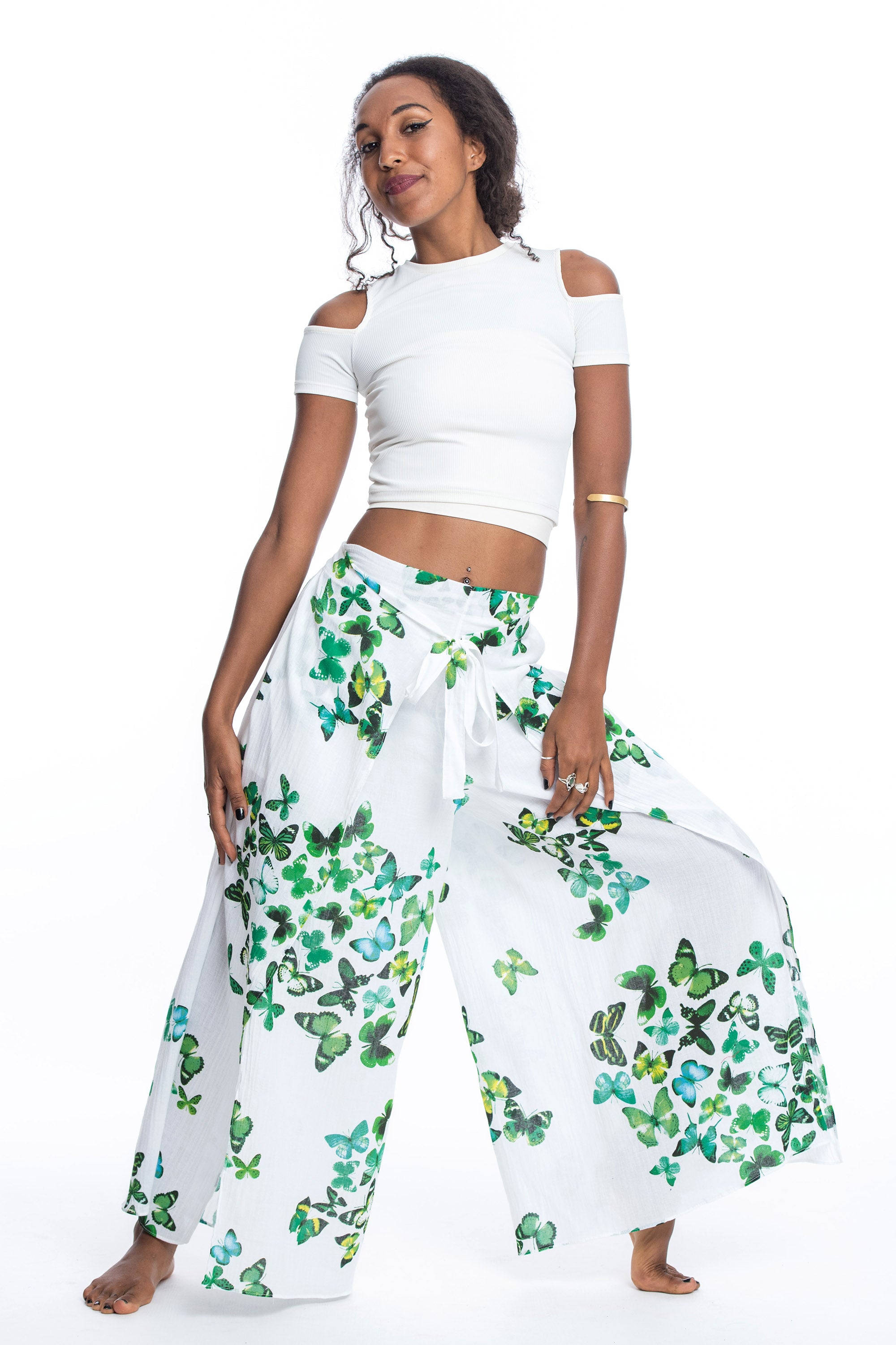 Women's Cotton Wrap Palazzo Pants in Butterflies Green