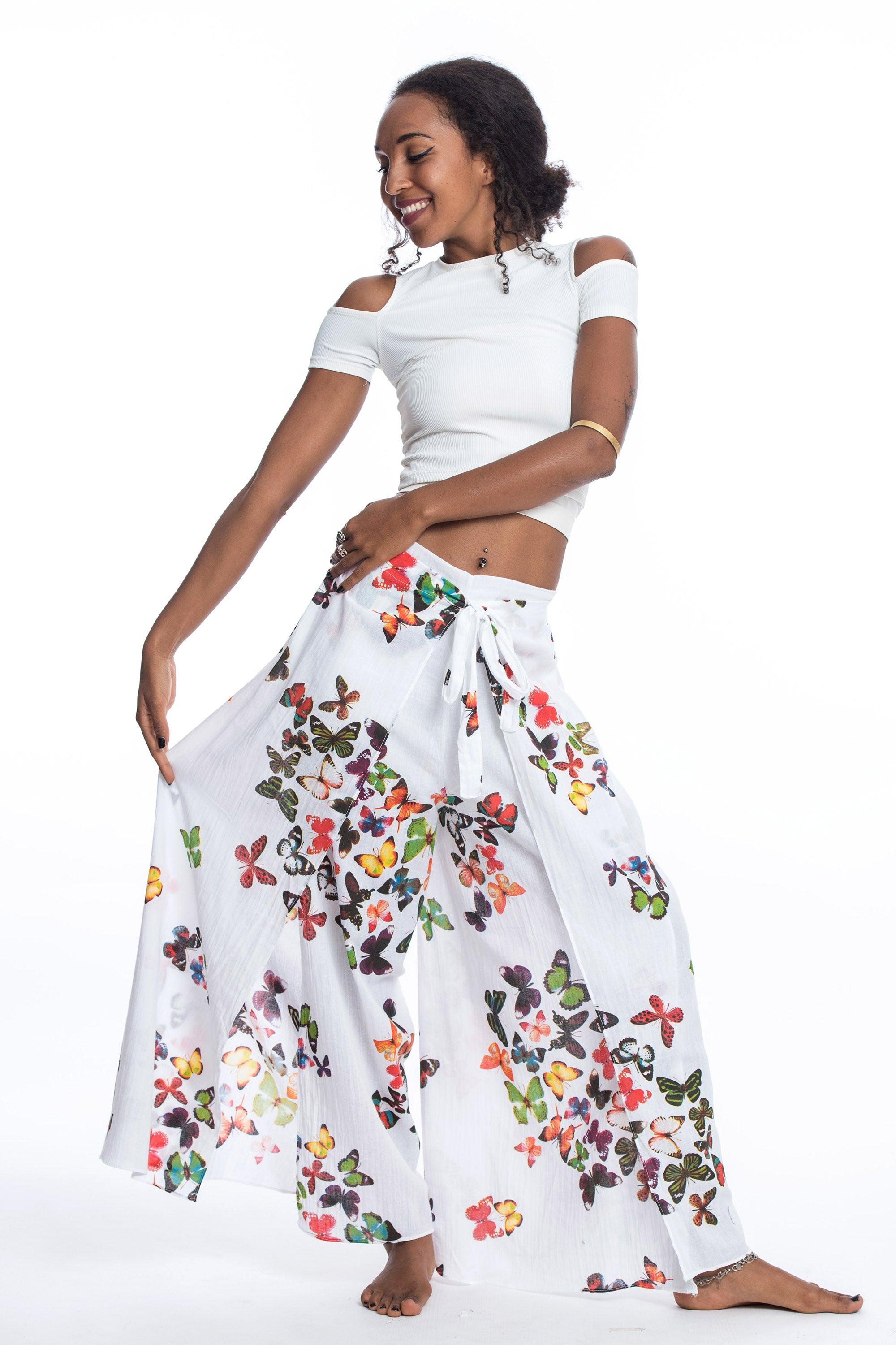 Women's Cotton Wrap Palazzo Pants in Butterflies Pink