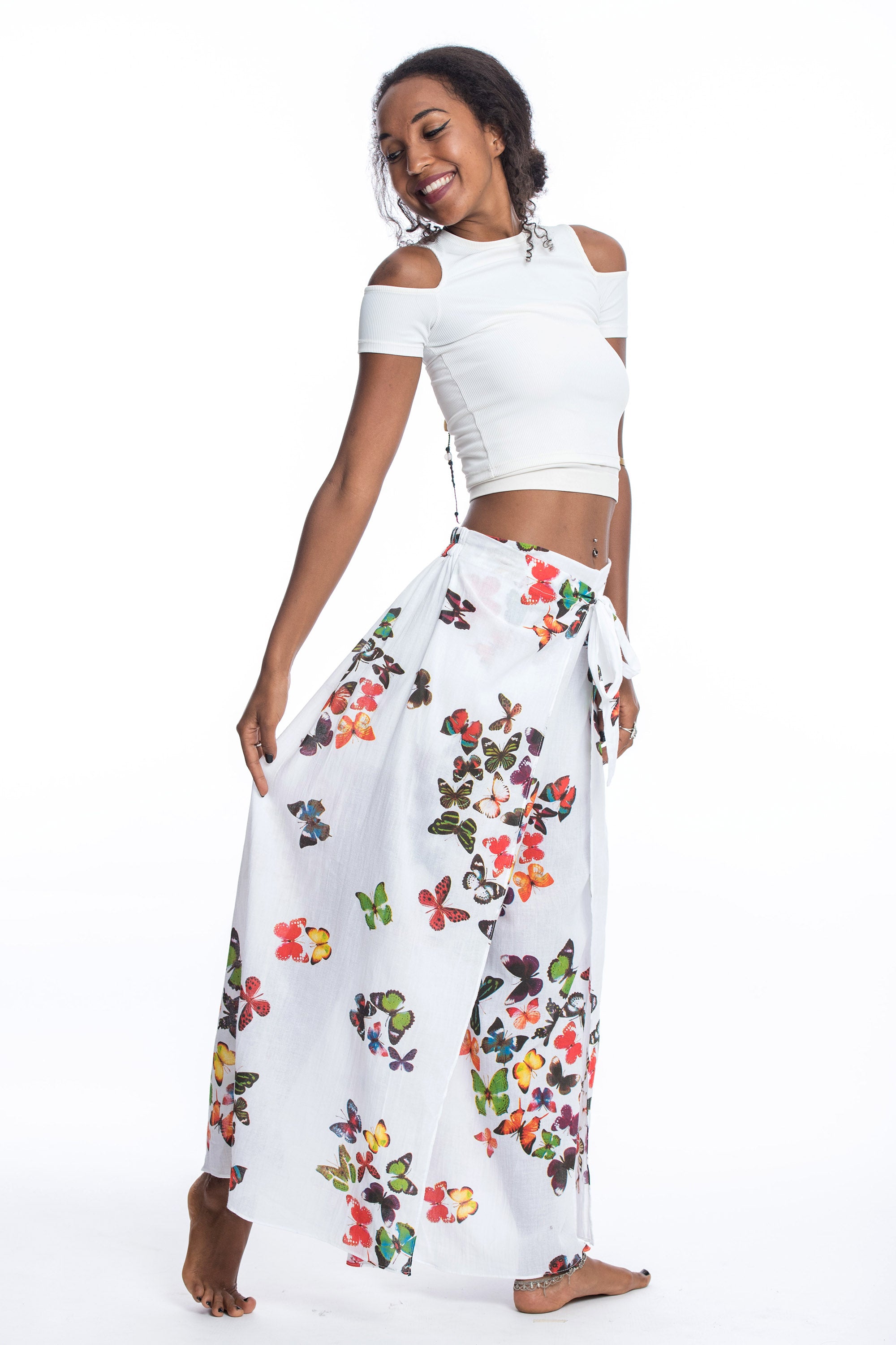 Women's Cotton Wrap Palazzo Pants in Butterflies Pink