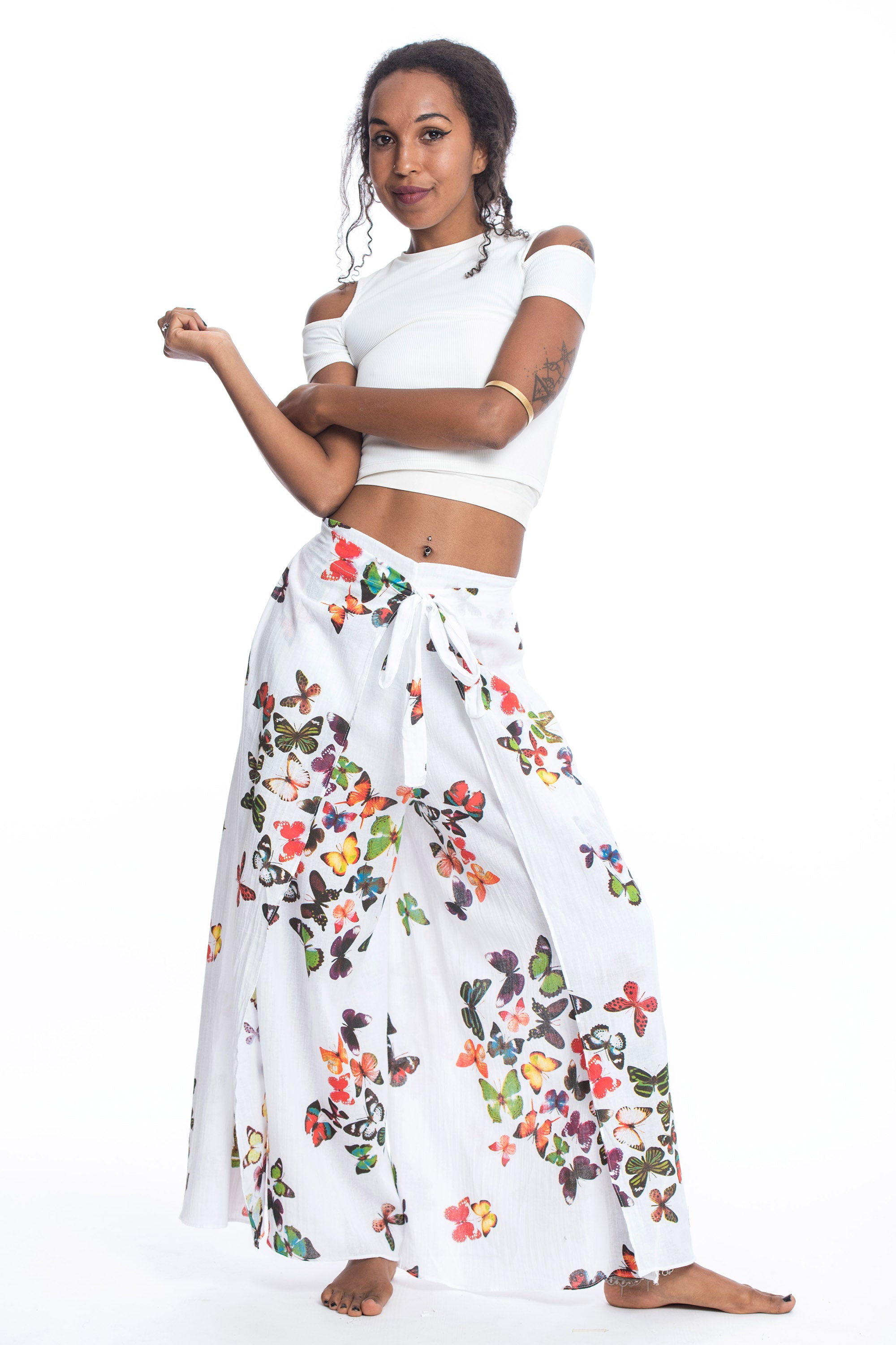 Women's Cotton Wrap Palazzo Pants in Butterflies Pink