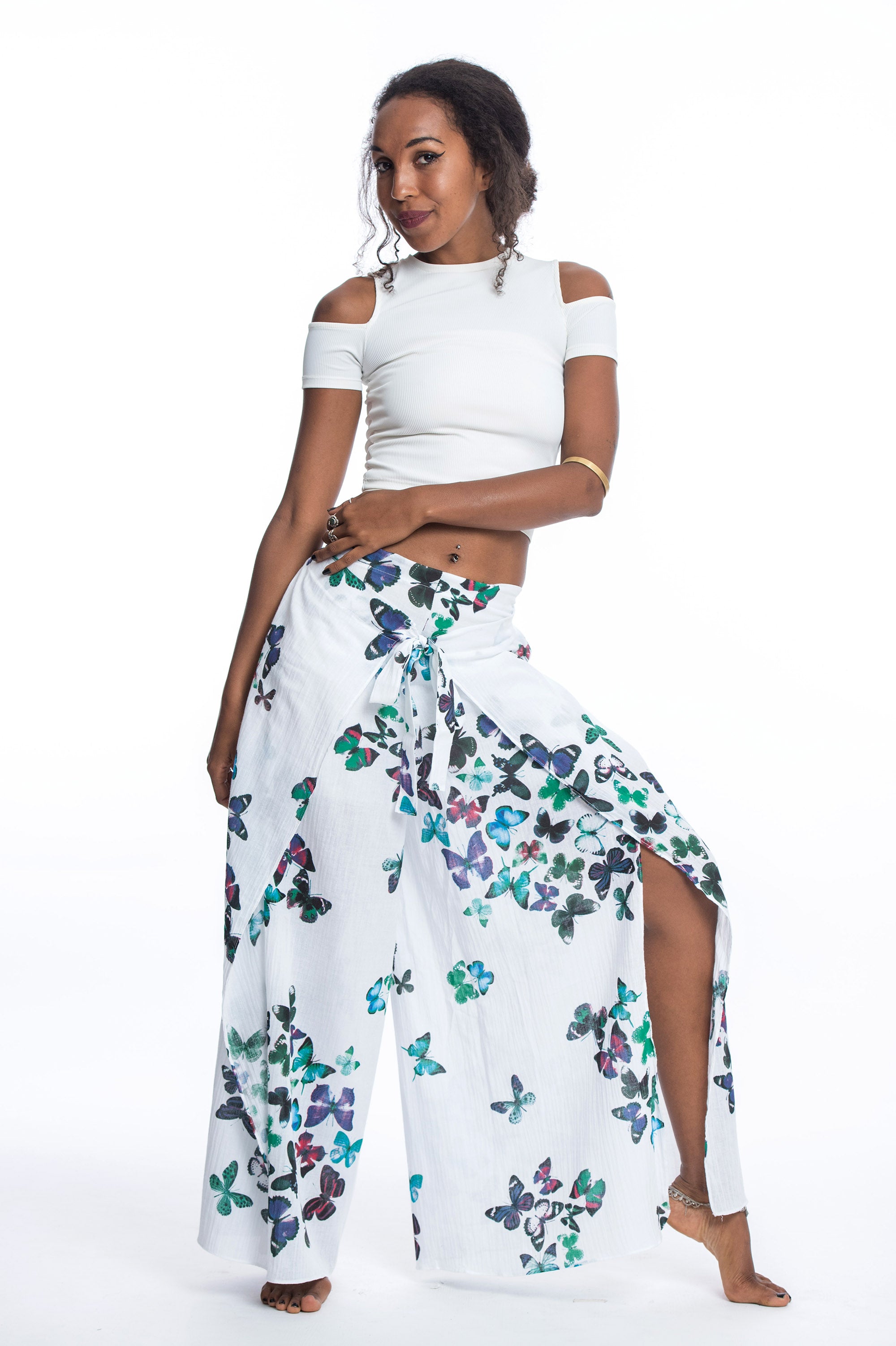 Women's Cotton Wrap Palazzo Pants in Butterflies Turquoise