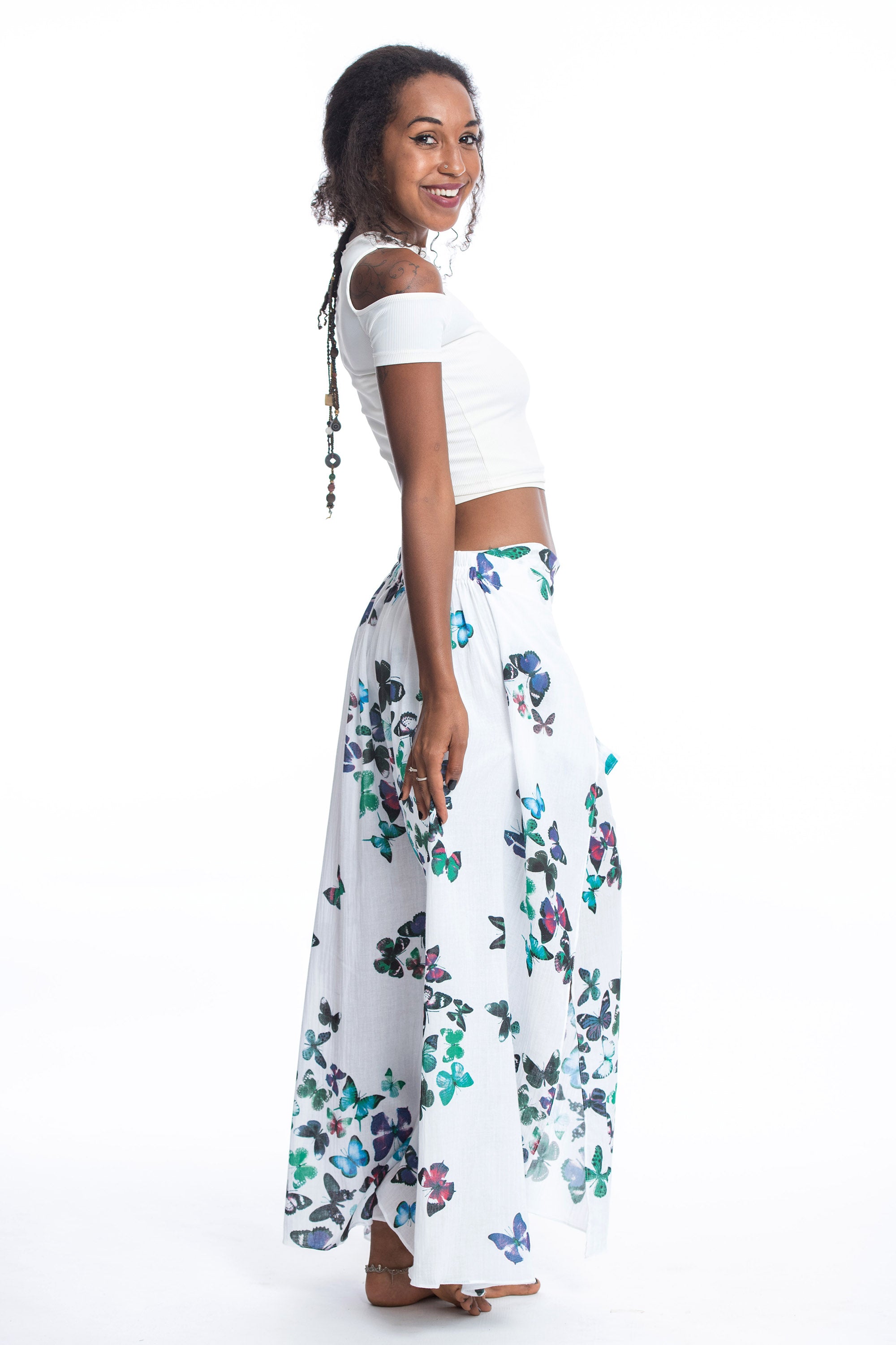 Women's Cotton Wrap Palazzo Pants in Butterflies Turquoise