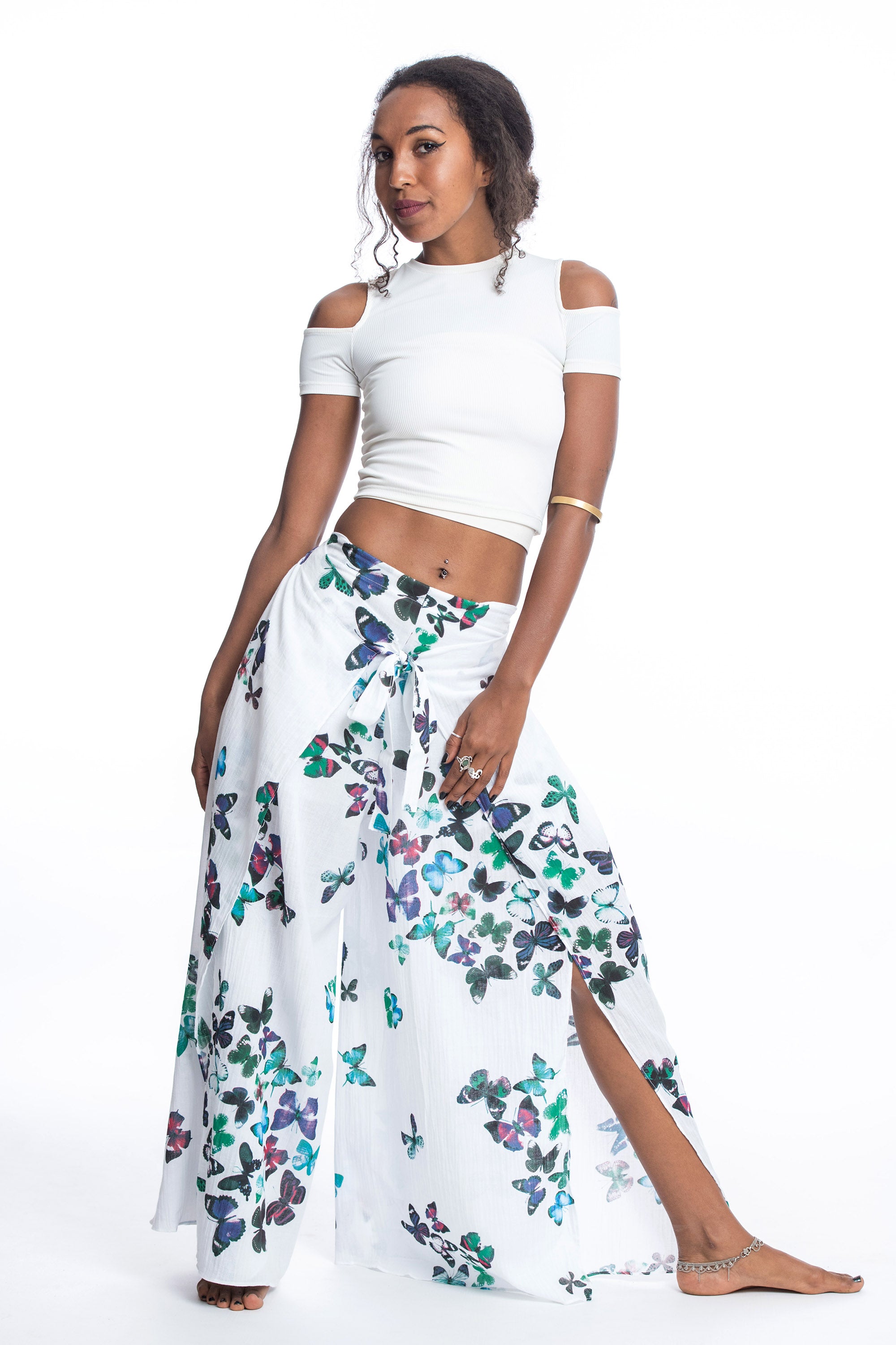 Women's Cotton Wrap Palazzo Pants in Butterflies Turquoise