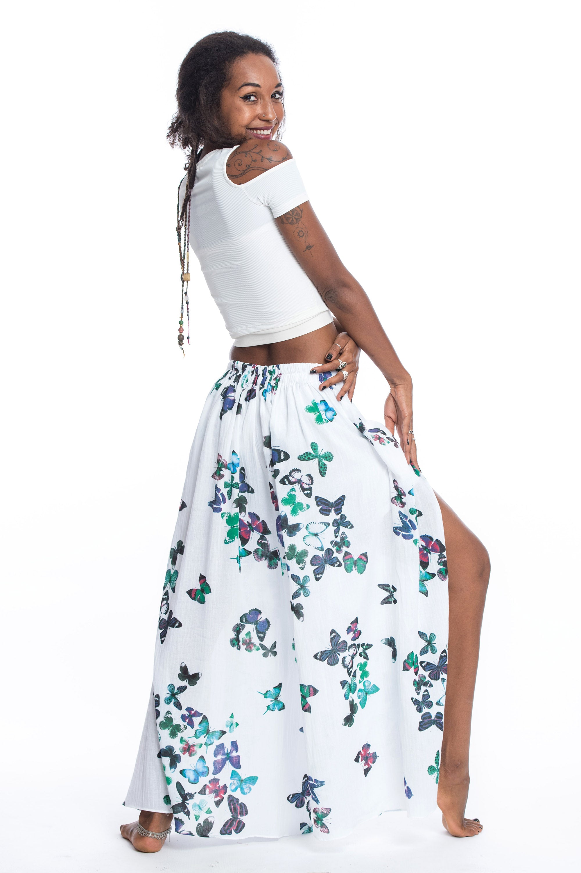 Women's Cotton Wrap Palazzo Pants in Butterflies Turquoise