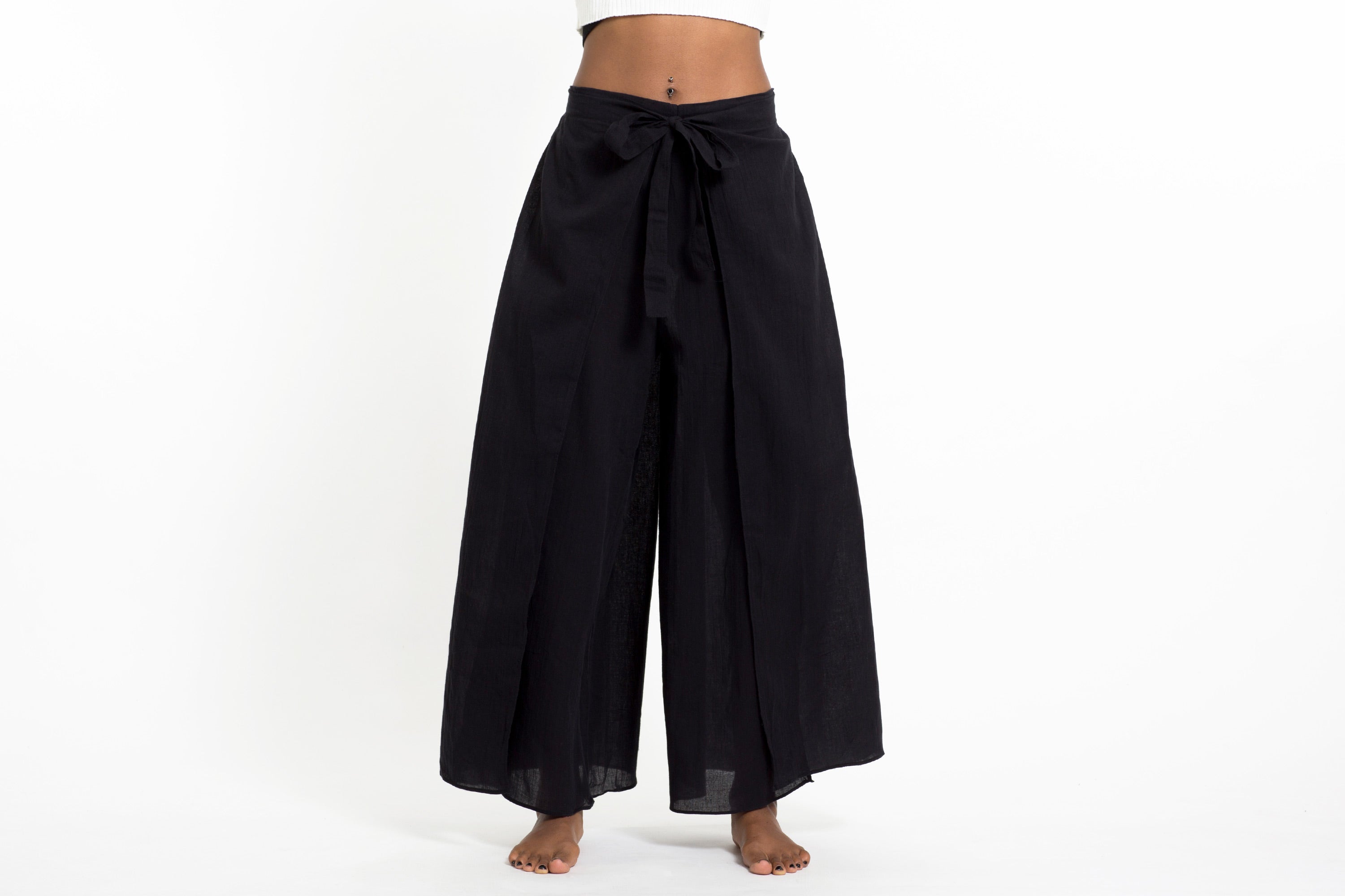 Women's Cotton Wrap Palazzo Pants in Solid Black