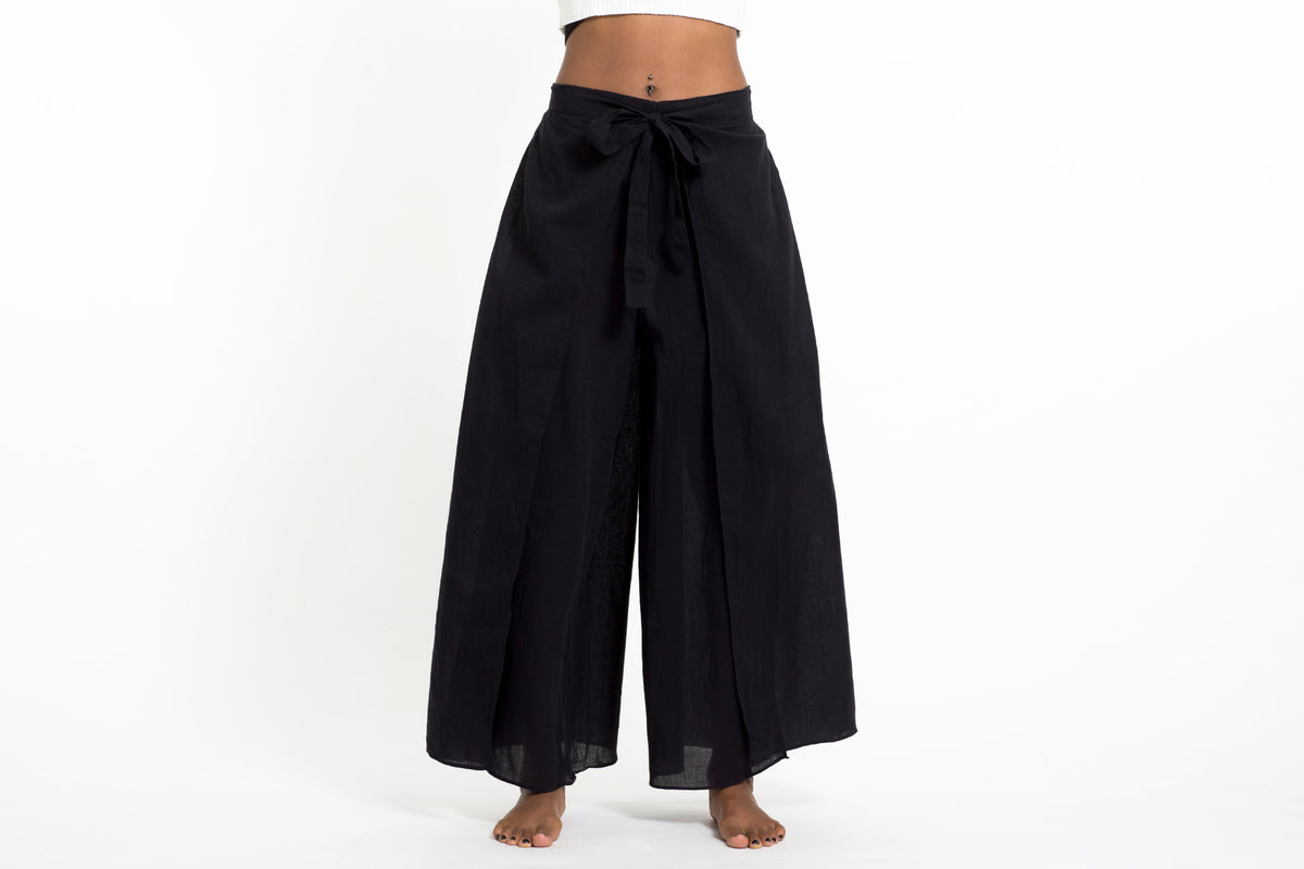 Women's Cotton Wrap Palazzo Pants in Solid Black – Harem Pants