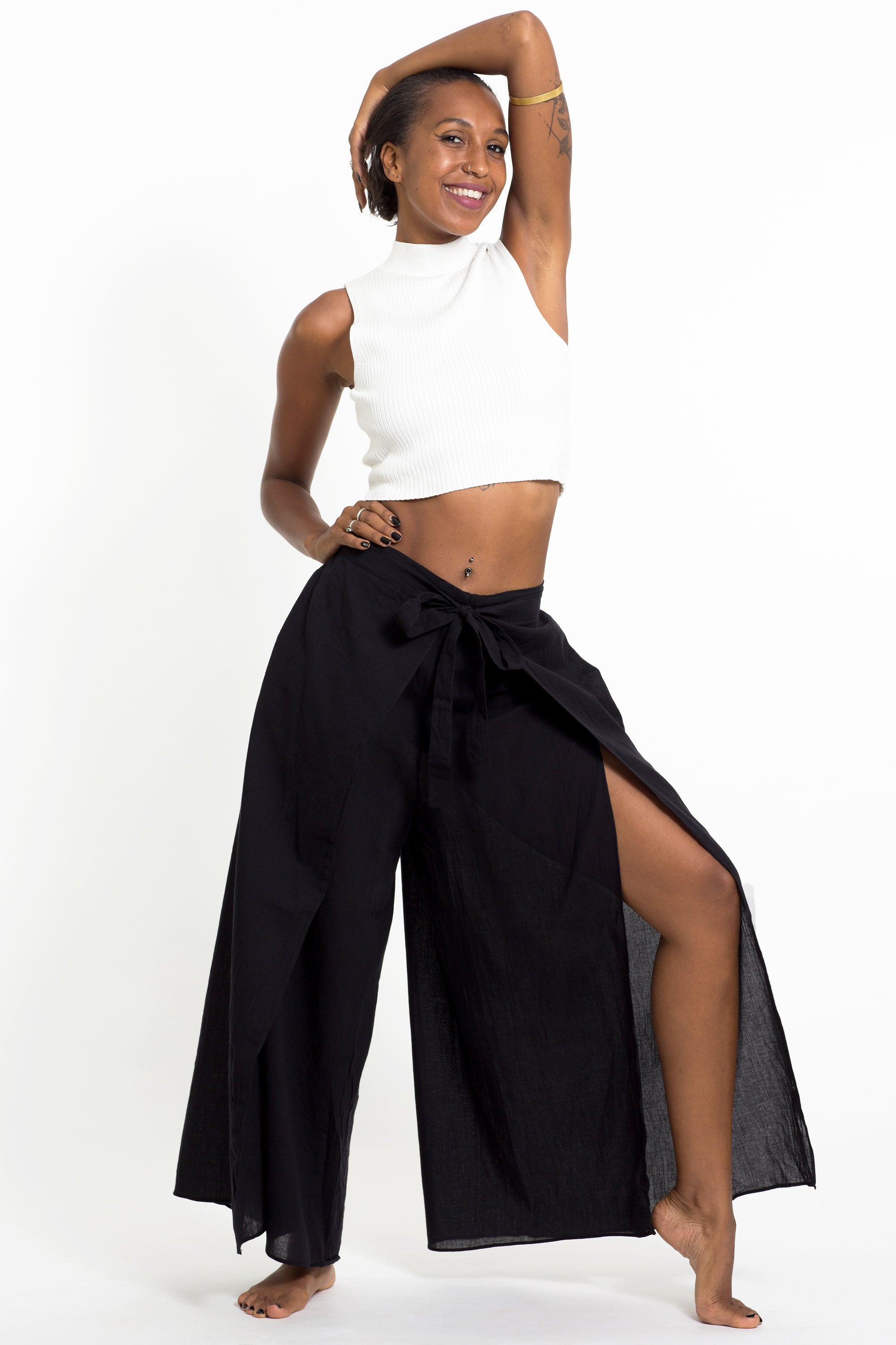 Women's Cotton Wrap Palazzo Pants in Solid Black Harem Pants