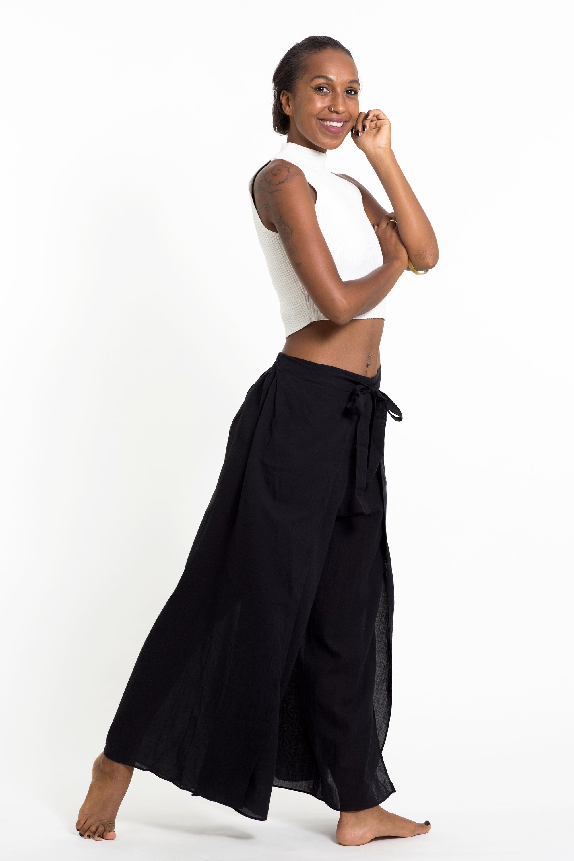 Women's Cotton Wrap Palazzo Pants in Solid Black