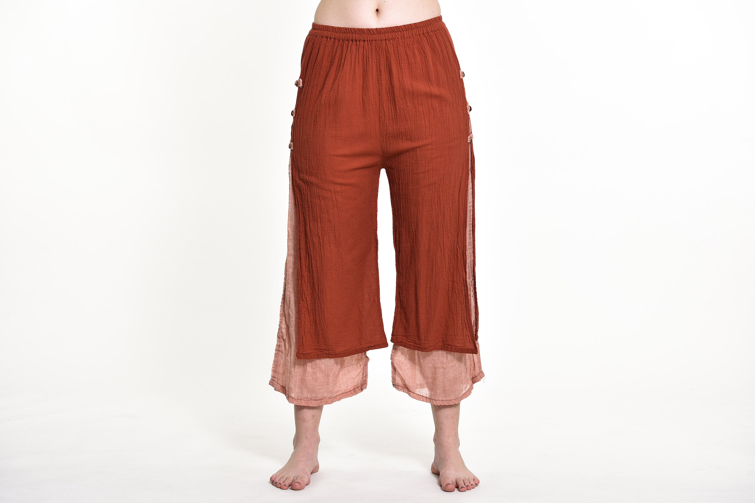 Women's Cotton Double Layers Cropped Pants in Solid Brick