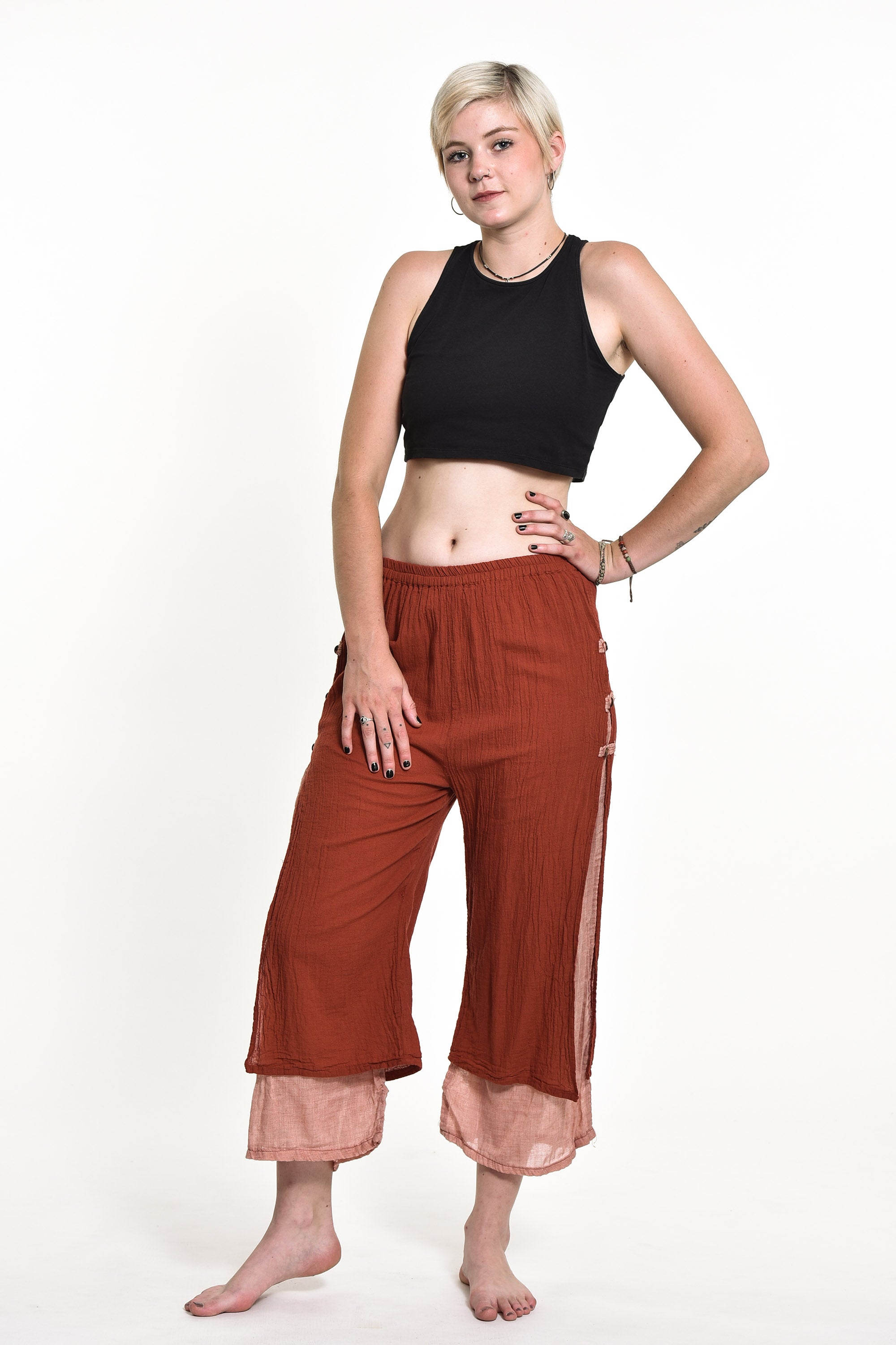Women's Cotton Double Layers Cropped Pants in Solid Brick