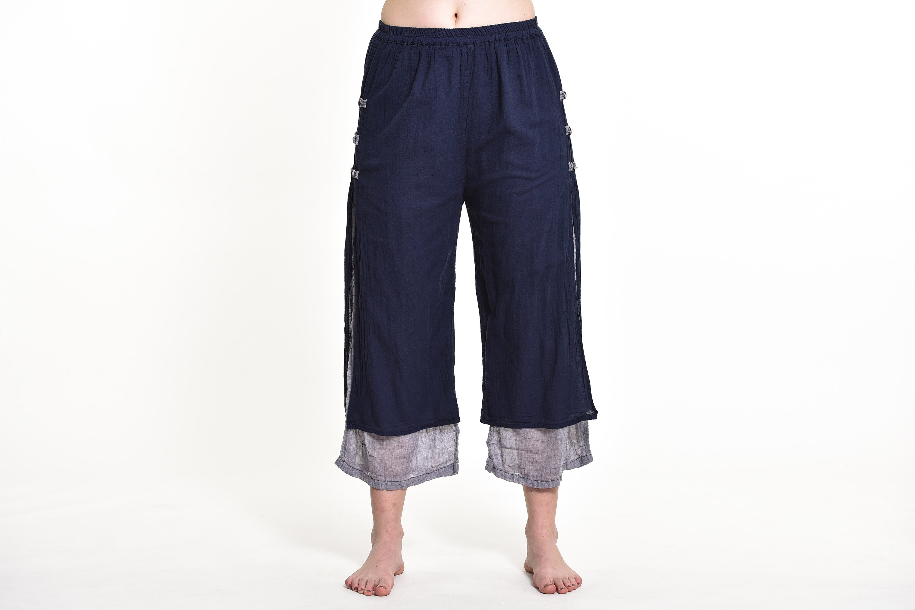 Women's Cotton Double Layers Cropped Pants in Solid Navy