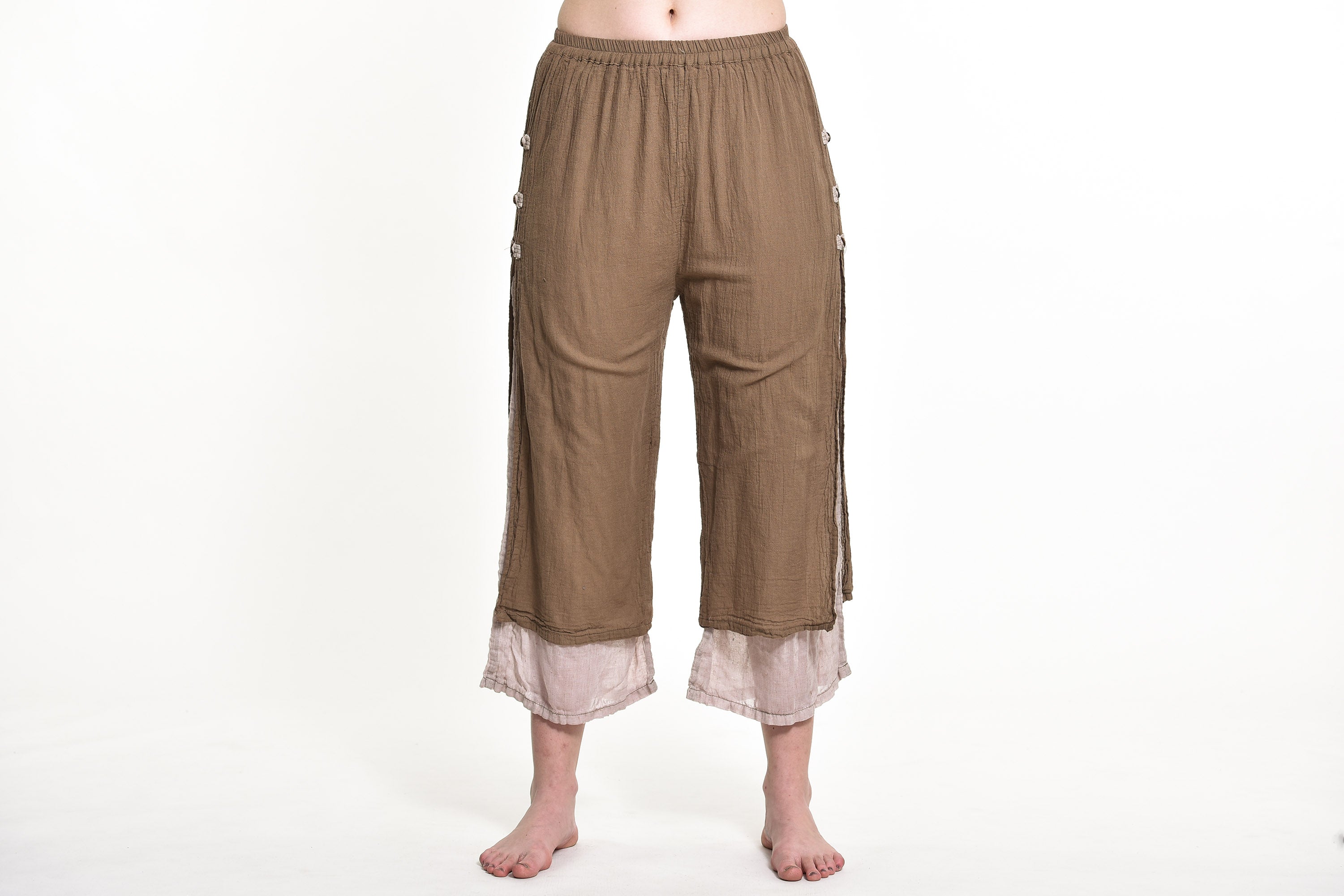 Women's Cotton Double Layers Cropped Pants in Solid Brown