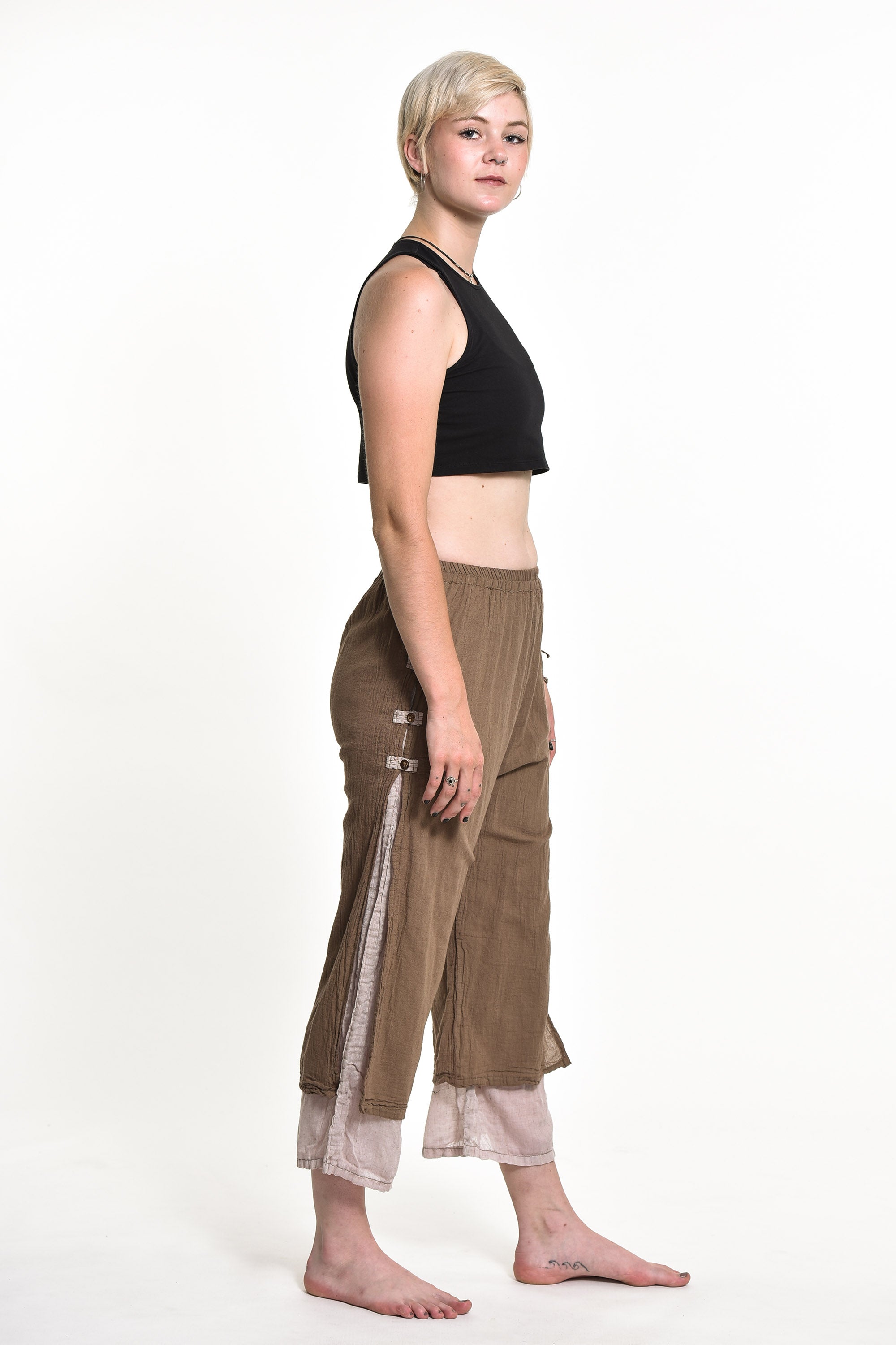 Women's Cotton Double Layers Cropped Pants in Solid Brown