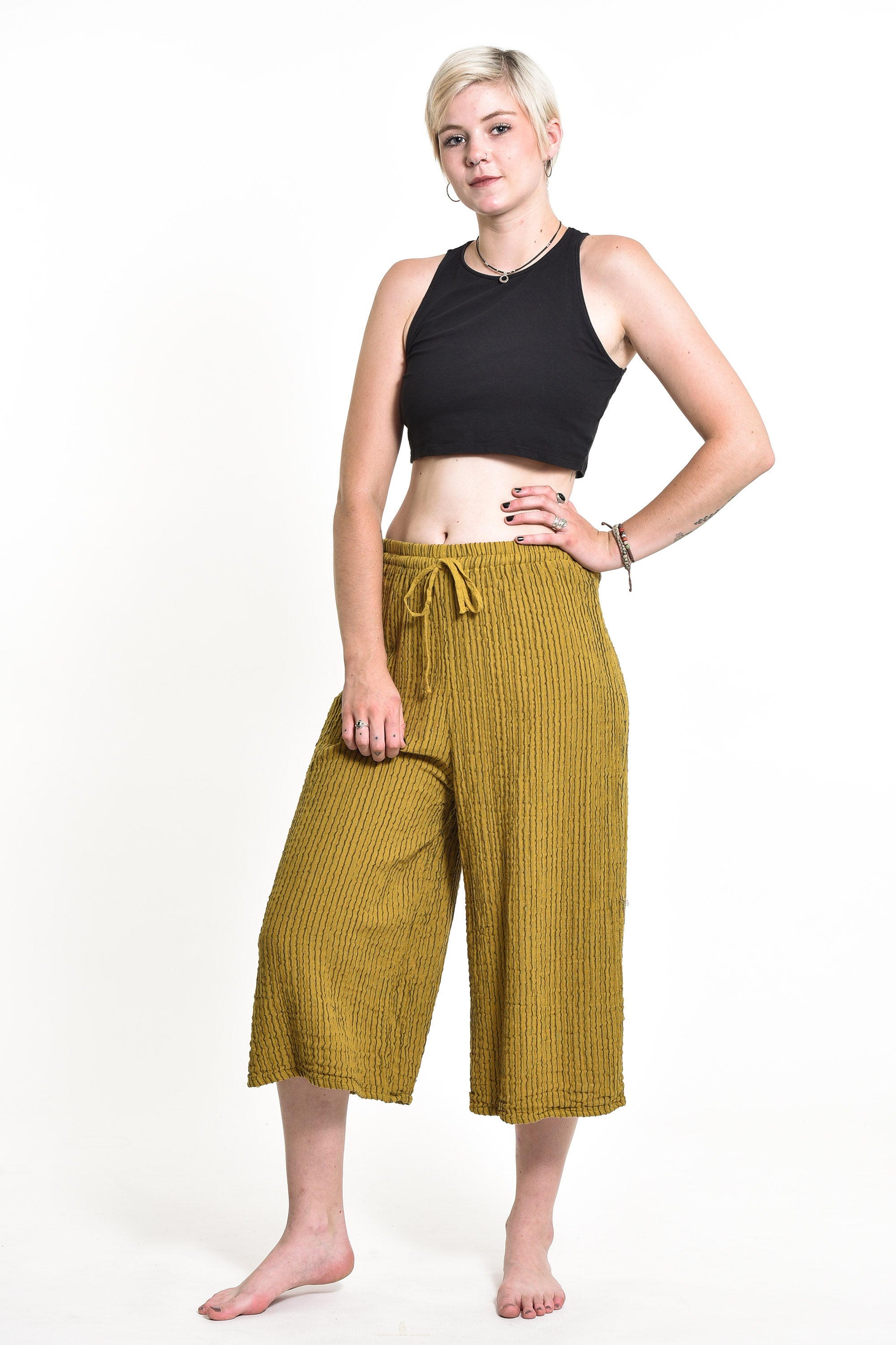 Women's Crinkled Cotton Cropped Pants in Mustard Yellow