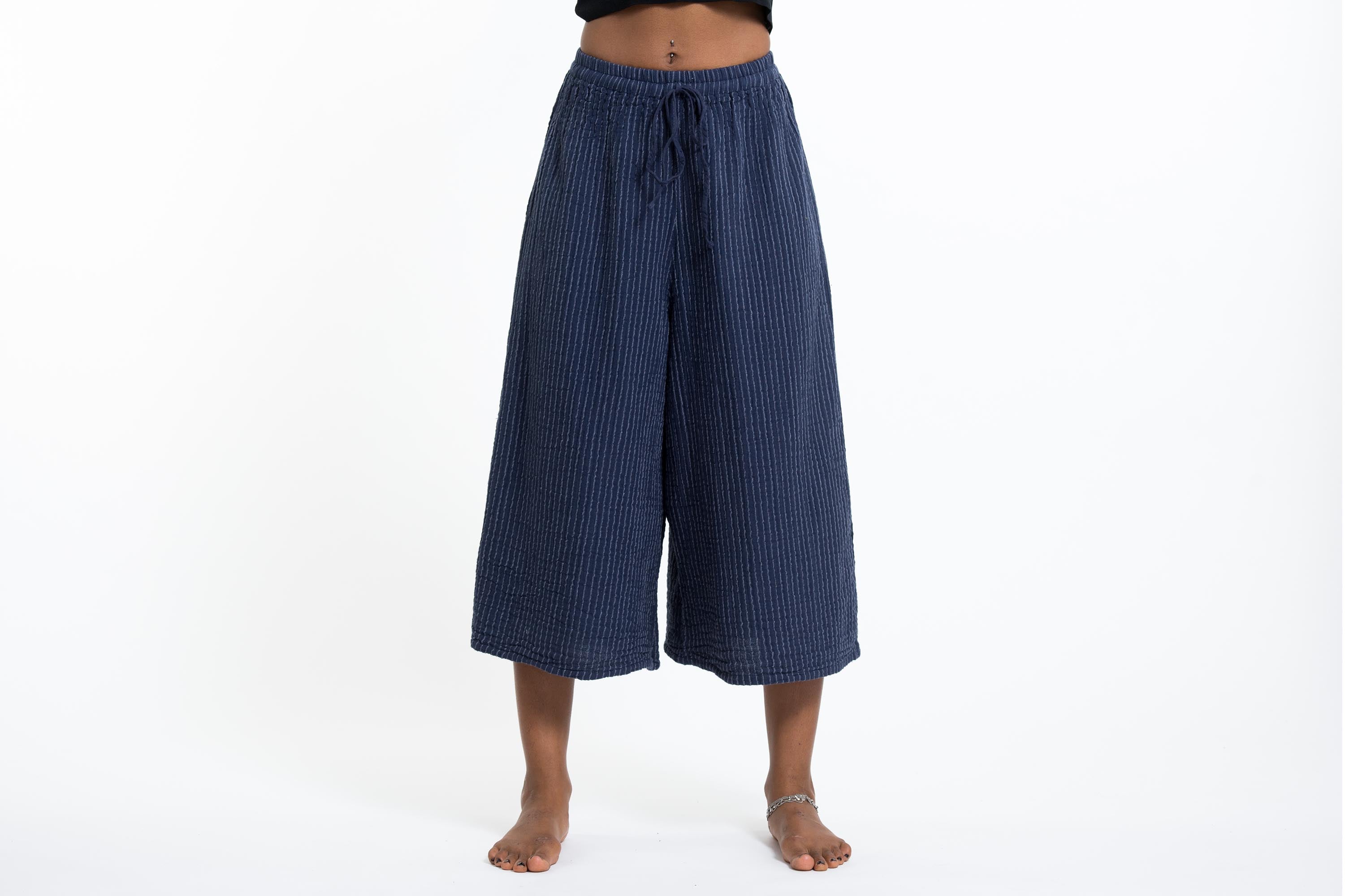 Women's Crinkled Cotton Cropped Pants in Navy