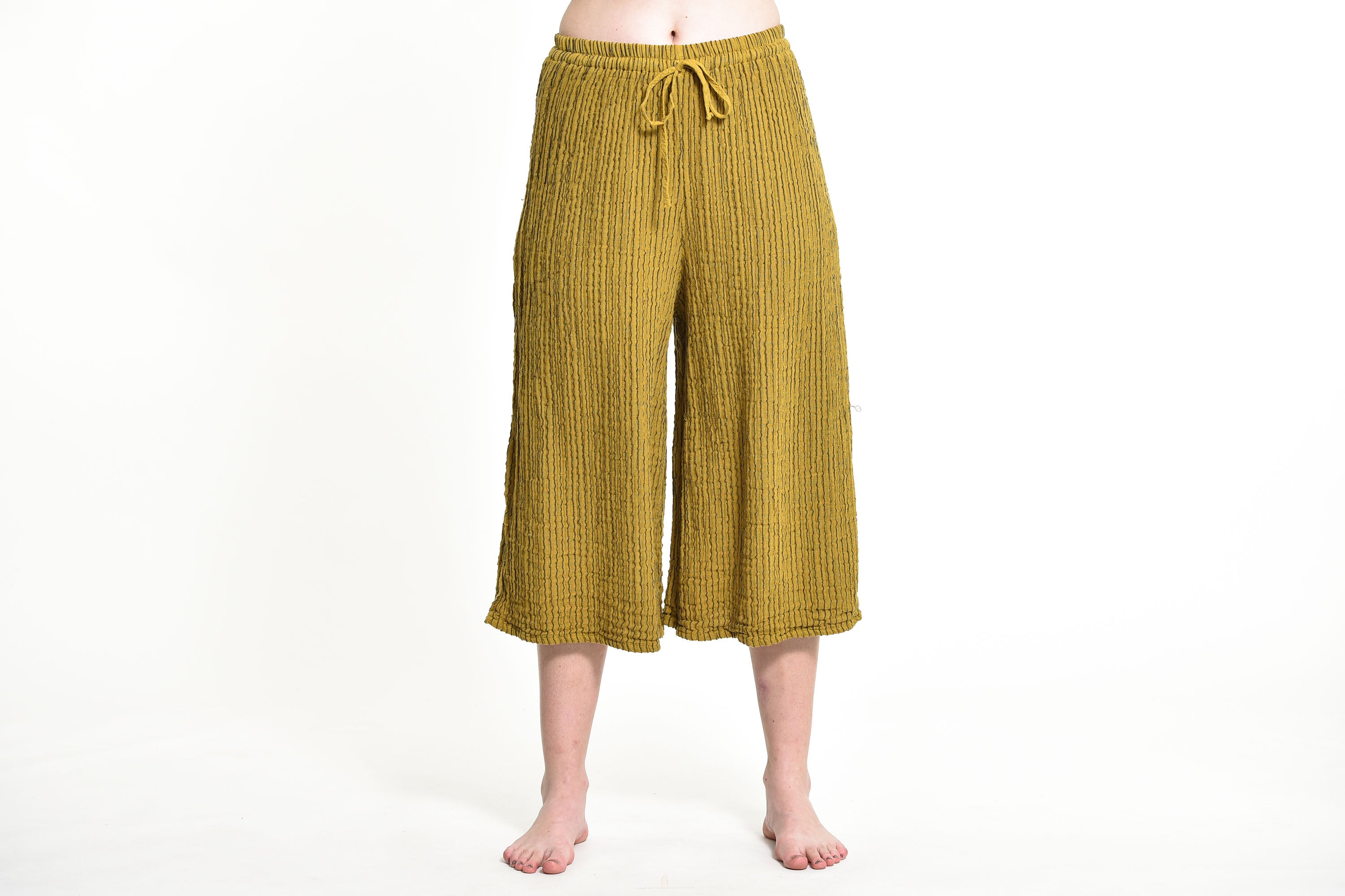 Women's Crinkled Cotton Cropped Pants in Mustard Yellow